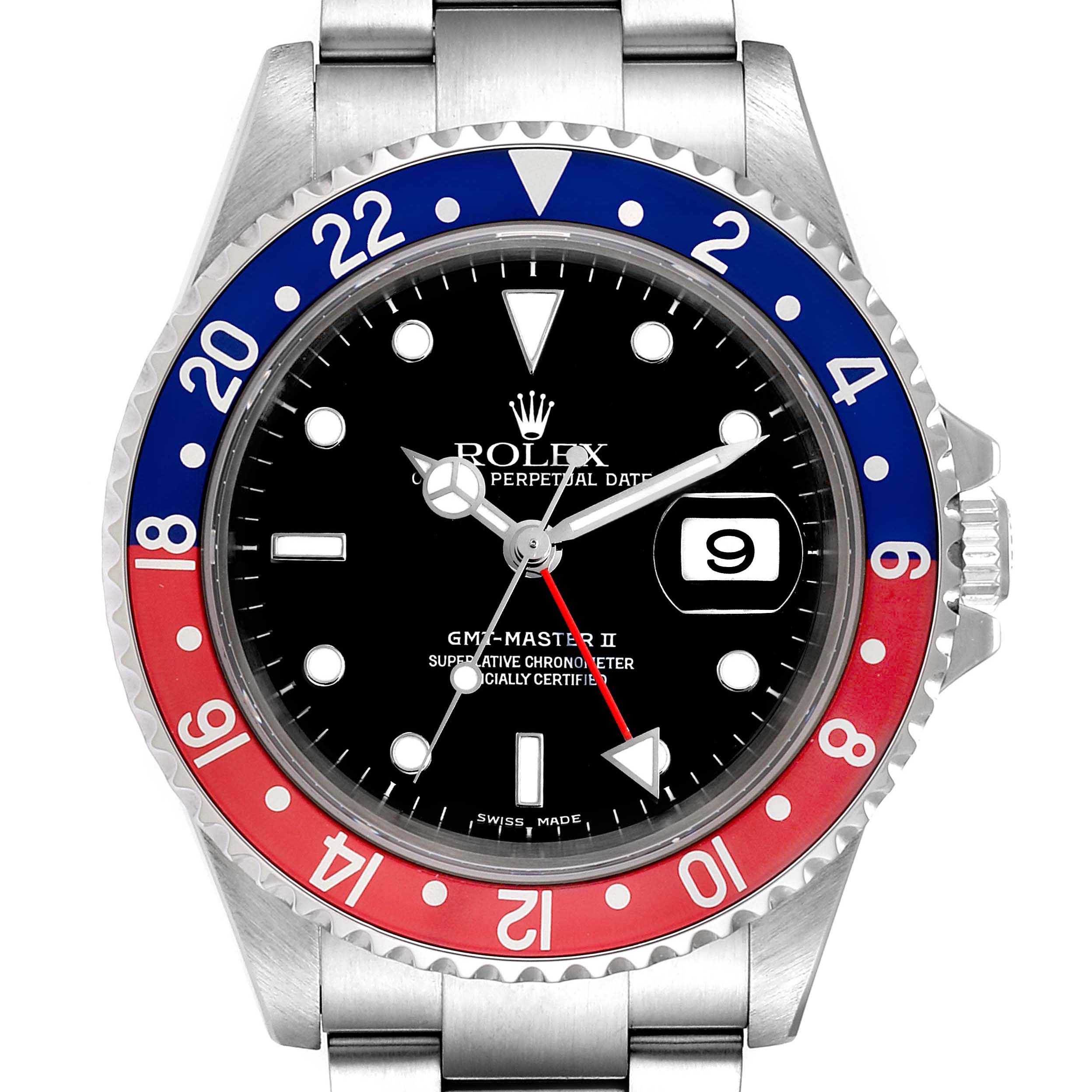 This Rolex GMT-Master 16710 Men's Stainless Steel Black Dial 16710 Men's Stainless Steel Black Dial watch is shown from a straight-on angle, displaying its bezel, dial, and part of the bracelet.