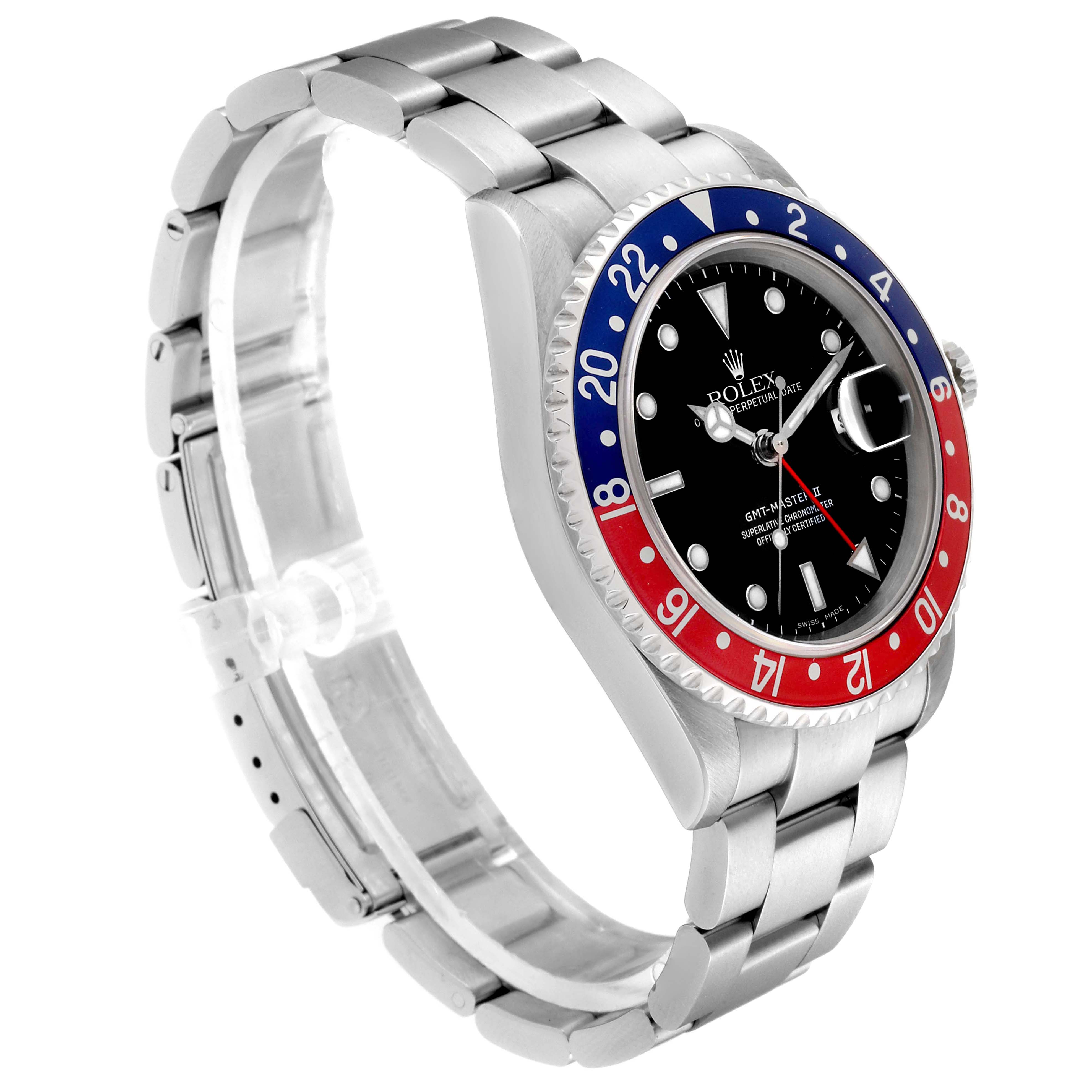 The Rolex GMT-Master 16710 Men's Stainless Steel Black Dial 16710 Men's Stainless Steel Black Dial watch is shown at a slight side angle, displaying its bracelet, bezel, and dial.