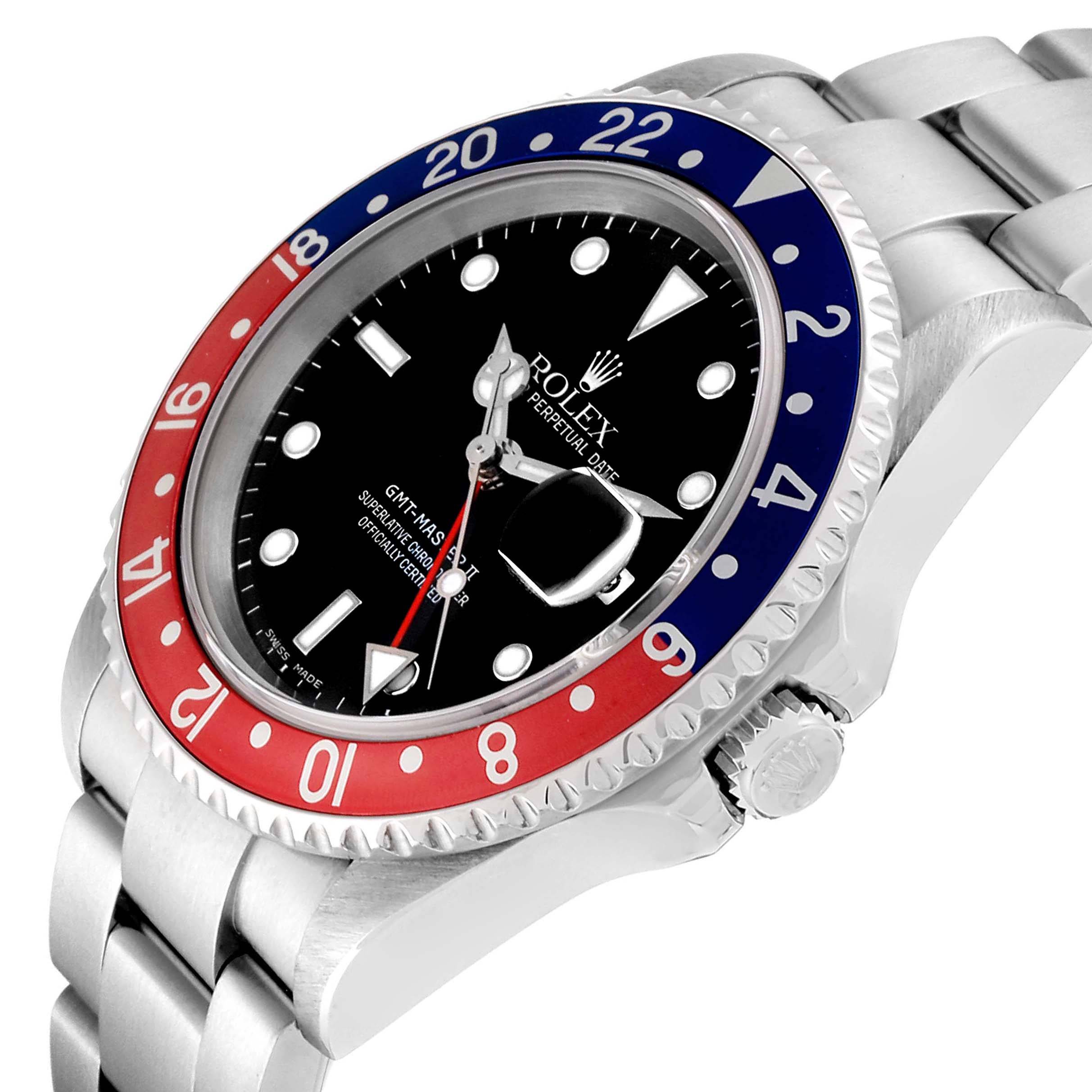 The image shows a Rolex GMT-Master 16710 Men's Stainless Steel Black Dial 16710 Men's Stainless Steel Black Dial watch from an angled side view, highlighting the bezel, crown, and part of the bracelet.