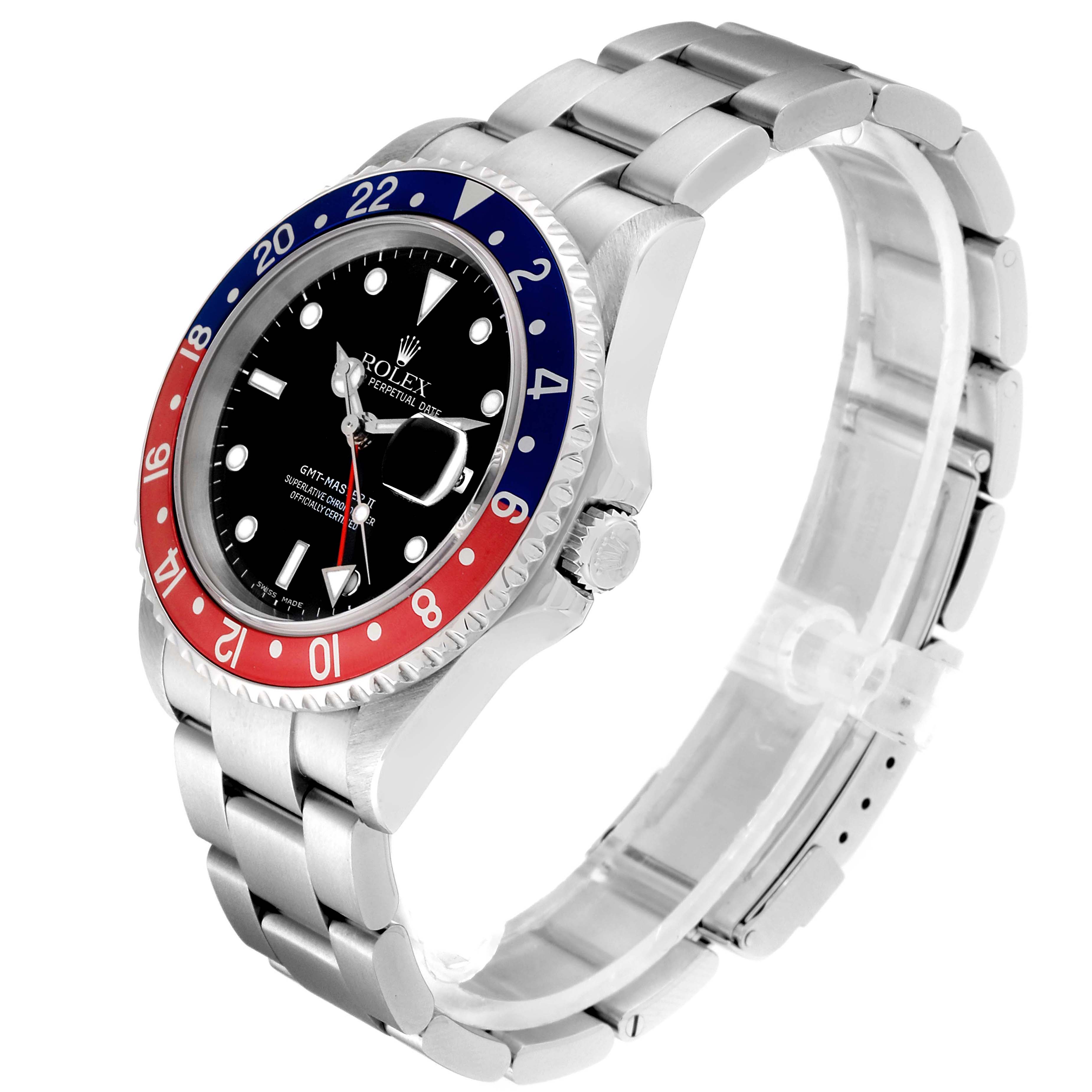 The Rolex GMT-Master 16710 Men's Stainless Steel Black Dial 16710 Men's Stainless Steel Black Dial watch is shown at a three-quarter angle, highlighting its bezel, dial, crown, and bracelet.