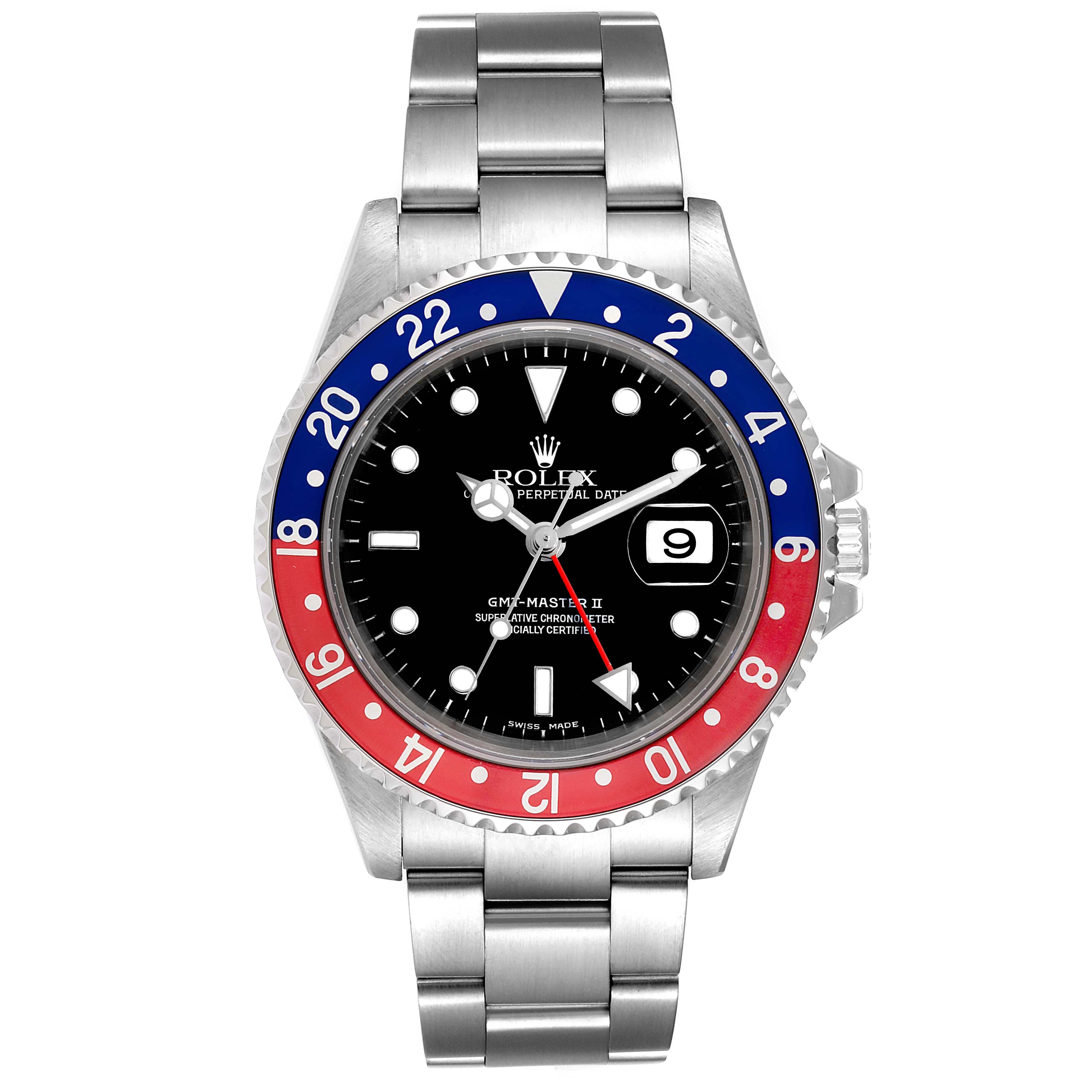 The Rolex GMT-Master 16710 Men's Stainless Steel Black Dial 16710 Men's Stainless Steel Black Dial II watch is shown from a front angle, displaying its face, bezel, and part of the bracelet.