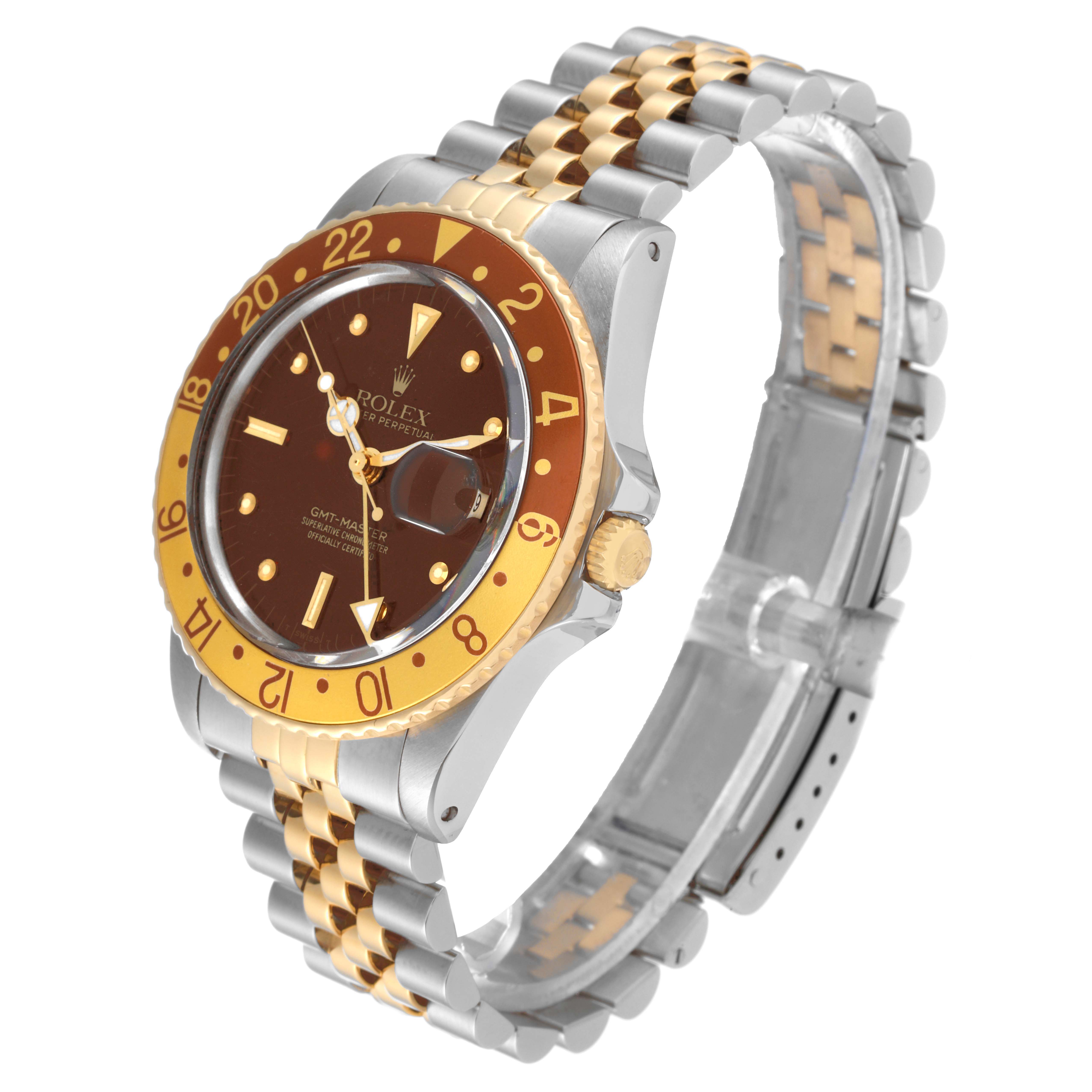 The Rolex Vintage Collection 16753 Men's Stainless Steel Brown Dial 16753 Men's Stainless Steel Brown Dial watch is shown at an angle highlighting its brown and gold bezel, dial, and two-tone bracelet.