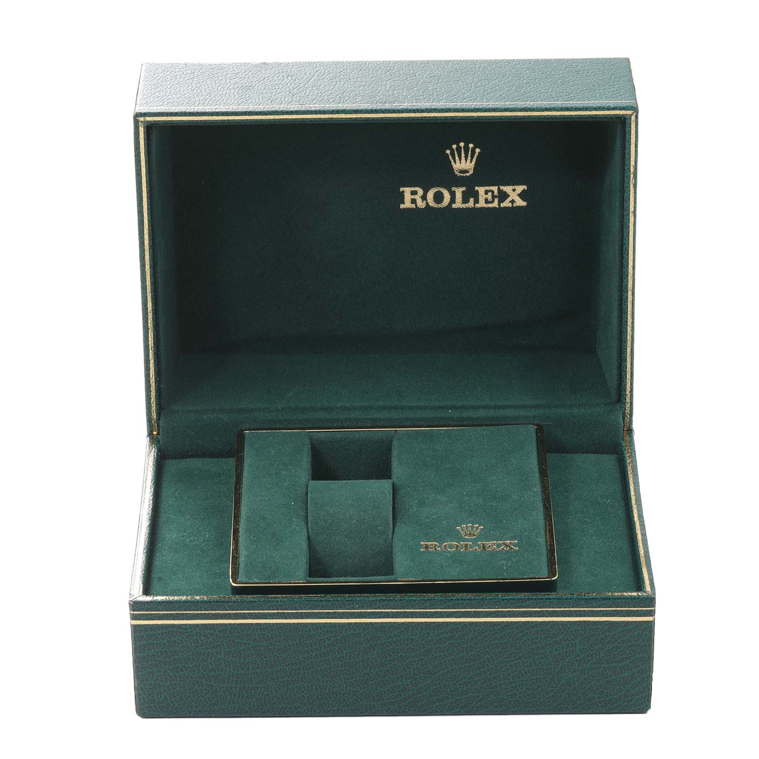 This image shows the open box for a Rolex Vintage Collection 16753 Men's Stainless Steel Brown Dial 16753 Men's Stainless Steel Brown Dial watch, displaying the brand name and logo.