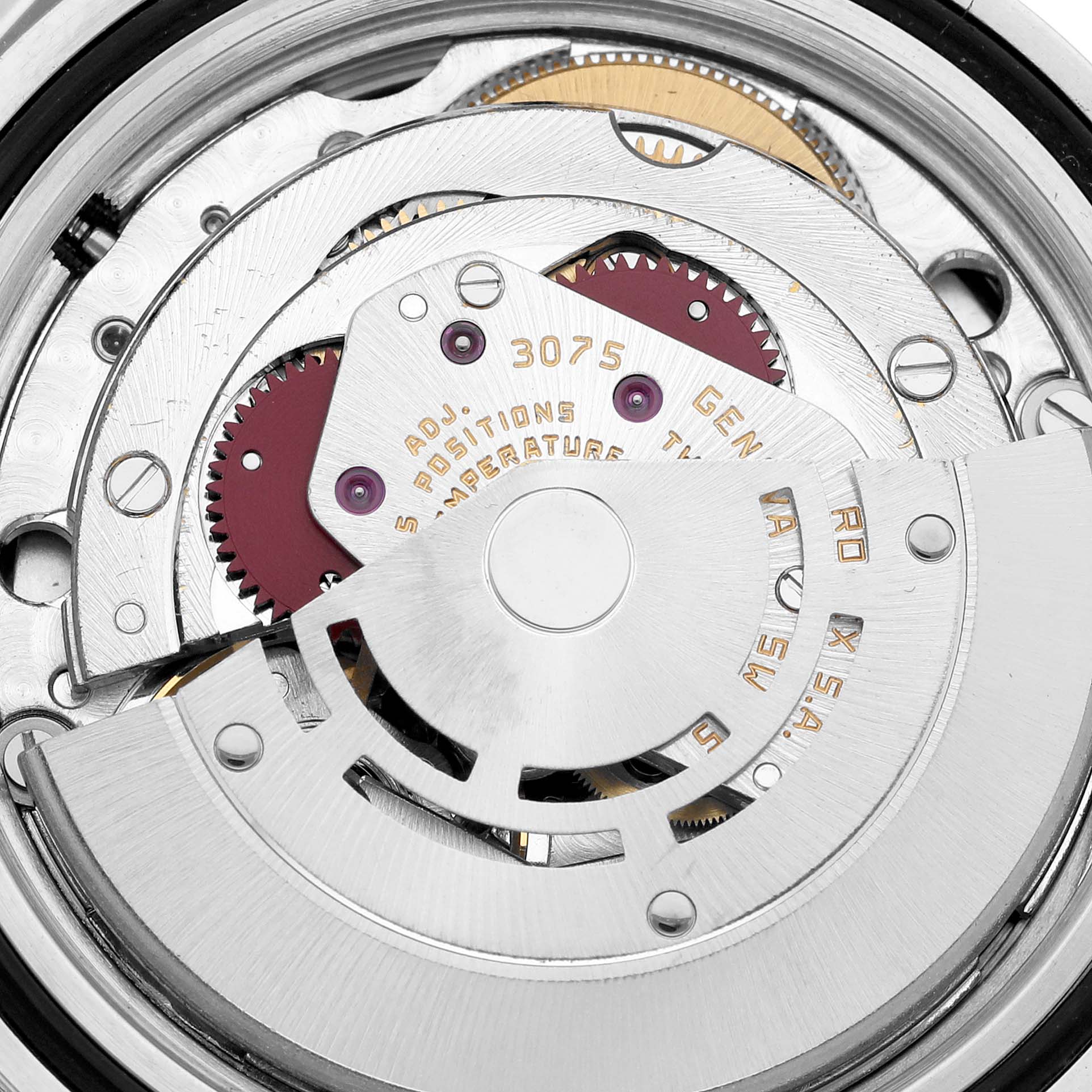 The image shows the movement and inner mechanism of a Rolex Vintage Collection 16753 Men's Stainless Steel Brown Dial 16753 Men's Stainless Steel Brown Dial model watch from a top-down angle.