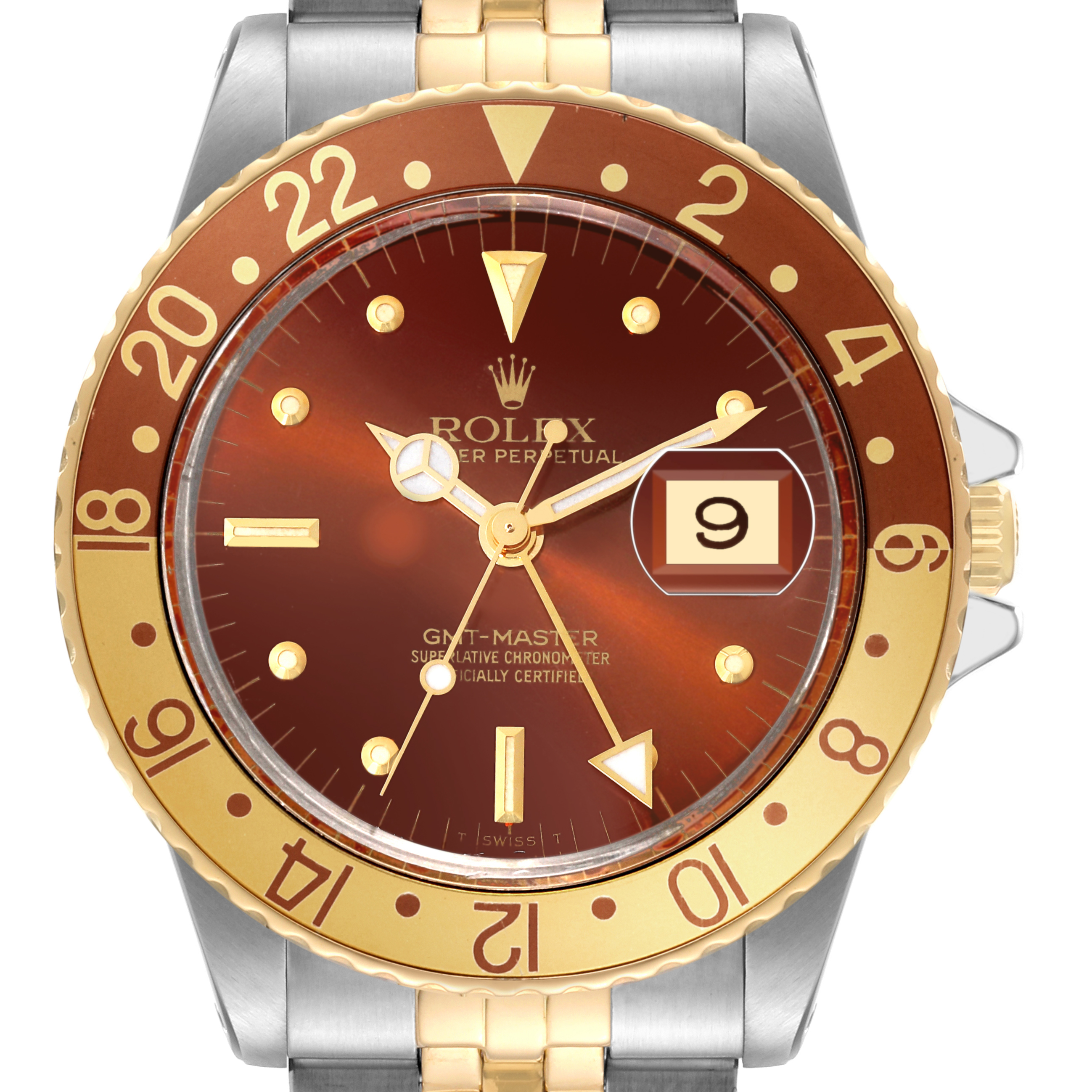 This is a close-up front view of the Rolex Vintage Collection 16753 Men's Stainless Steel Brown Dial 16753 Men's Stainless Steel Brown Dial GMT-Master watch, highlighting the dial and bezel.