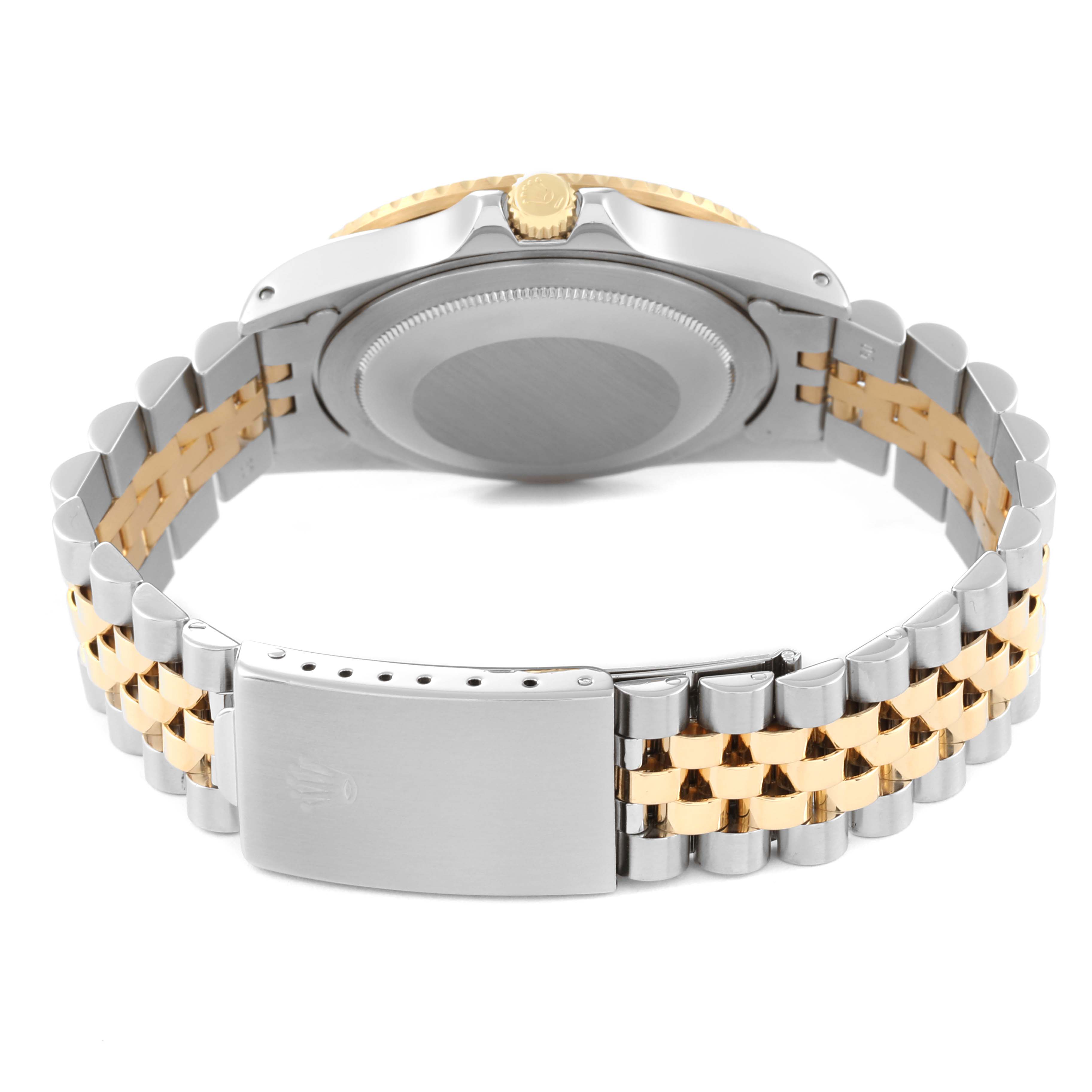 The image shows the back view of the Rolex Vintage Collection 16753 Men's Stainless Steel Brown Dial 16753 Men's Stainless Steel Brown Dial watch, focusing on the case back, crown, and two-tone bracelet.