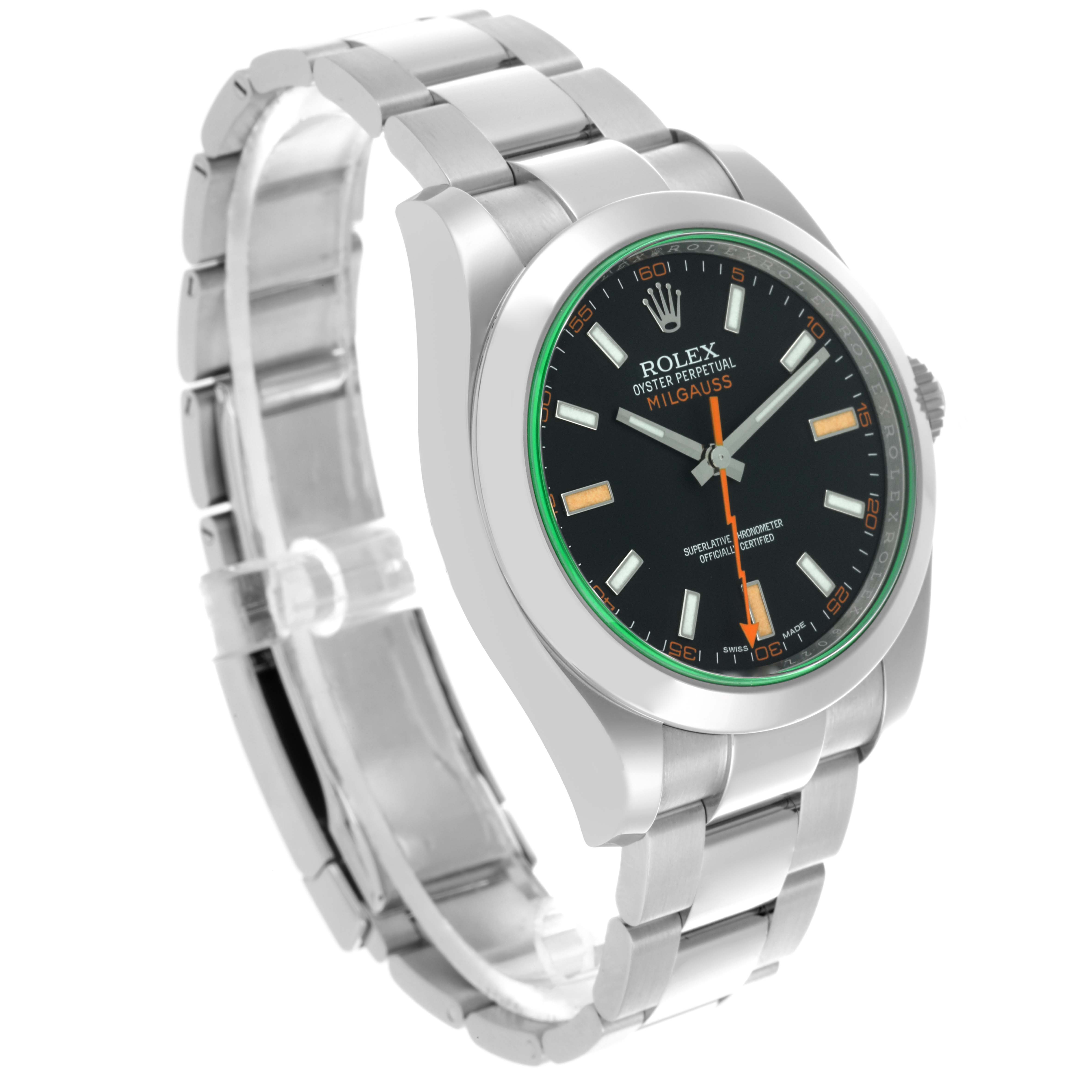 The Rolex Milgauss 116400GV Men's Stainless Steel Black Dial 116400GV Men's Stainless Steel Black Dial watch is shown at an angled side view, displaying its face and stainless steel bracelet.