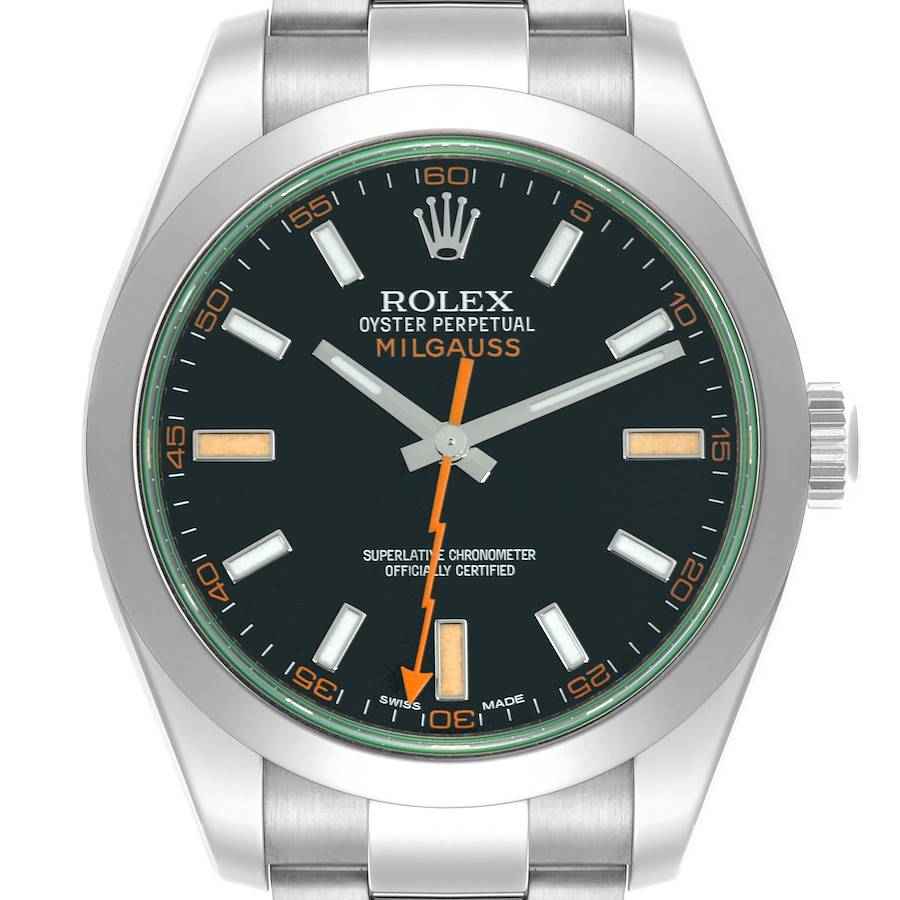 The Rolex Milgauss watch is shown from the front, displaying the face, hands, and indices clearly.