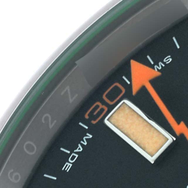 The image shows a close-up of the dial of a Rolex Milgauss 116400GV Men's Stainless Steel Black Dial 116400GV Men's Stainless Steel Black Dial, focusing on the 30-second indication.