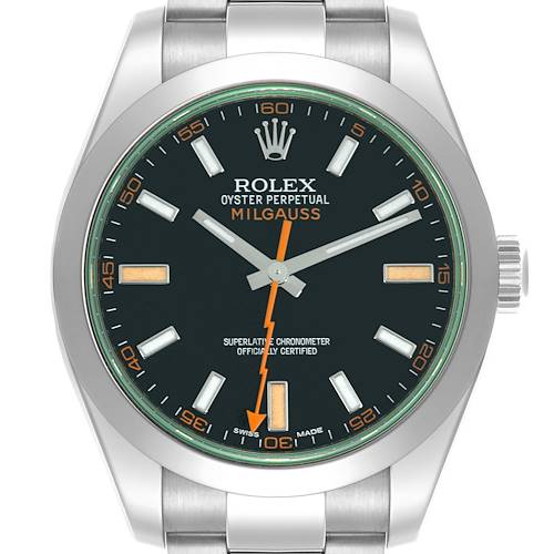 The Rolex Milgauss watch is shown from a front view, featuring its dial, hands, markers, and bezel.