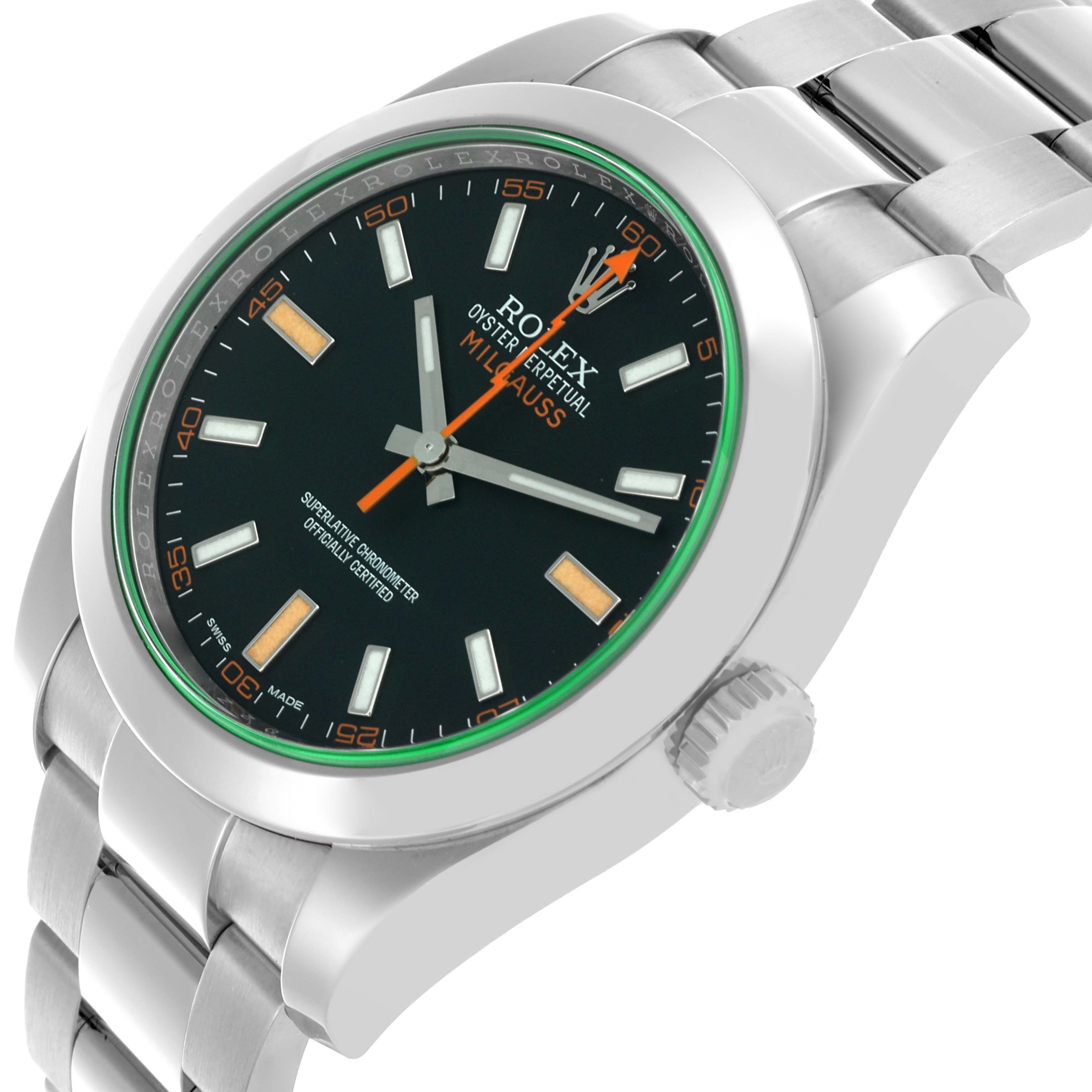 The Rolex Milgauss 116400GV Men's Stainless Steel Black Dial 116400GV Men's Stainless Steel Black Dial watch is shown at a slight angle, displaying the dial, bezel, crown, and part of the bracelet.