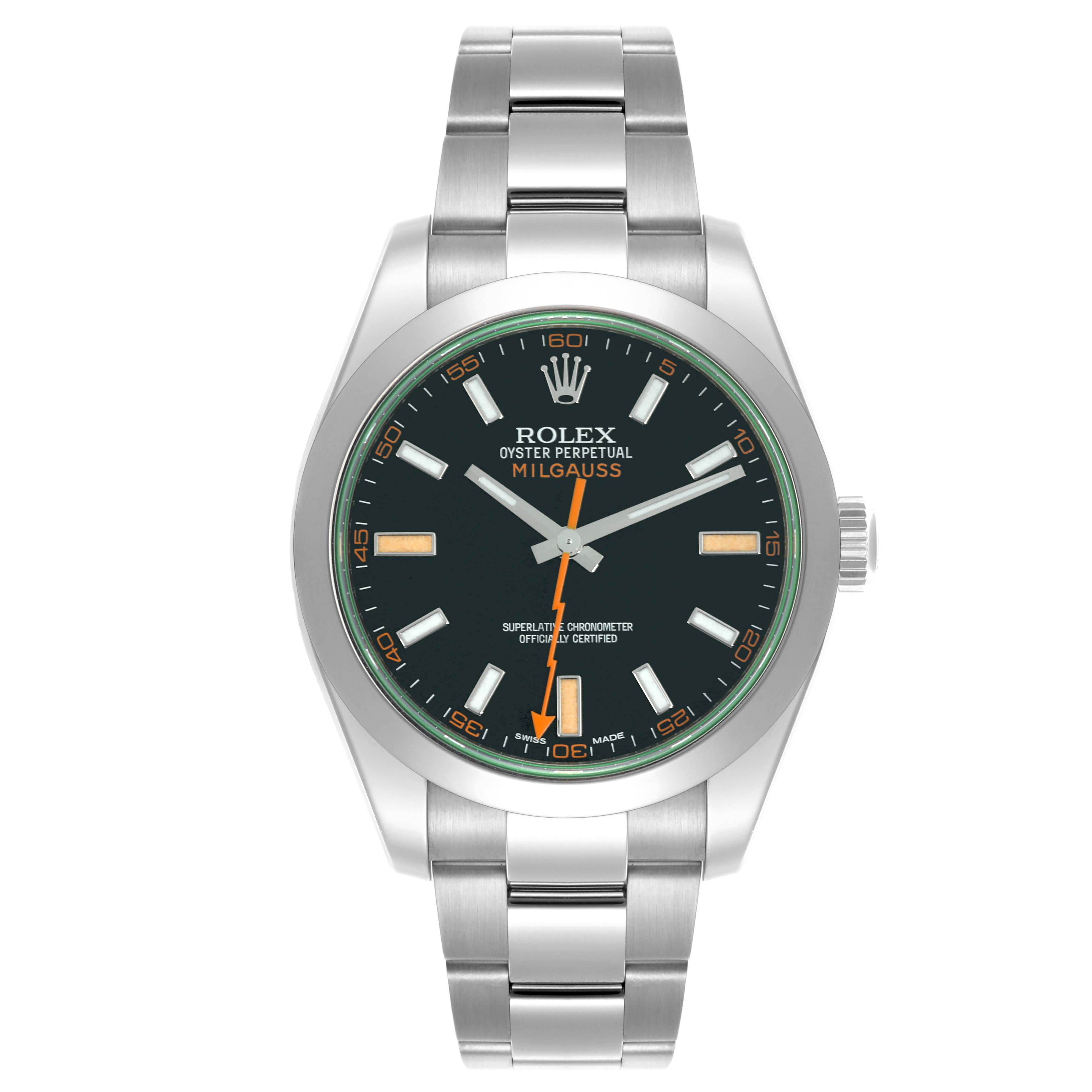 The Rolex Milgauss 116400GV Men's Stainless Steel Black Dial 116400GV Men's Stainless Steel Black Dial watch is shown from a front angle, displaying the face, case, and bracelet.