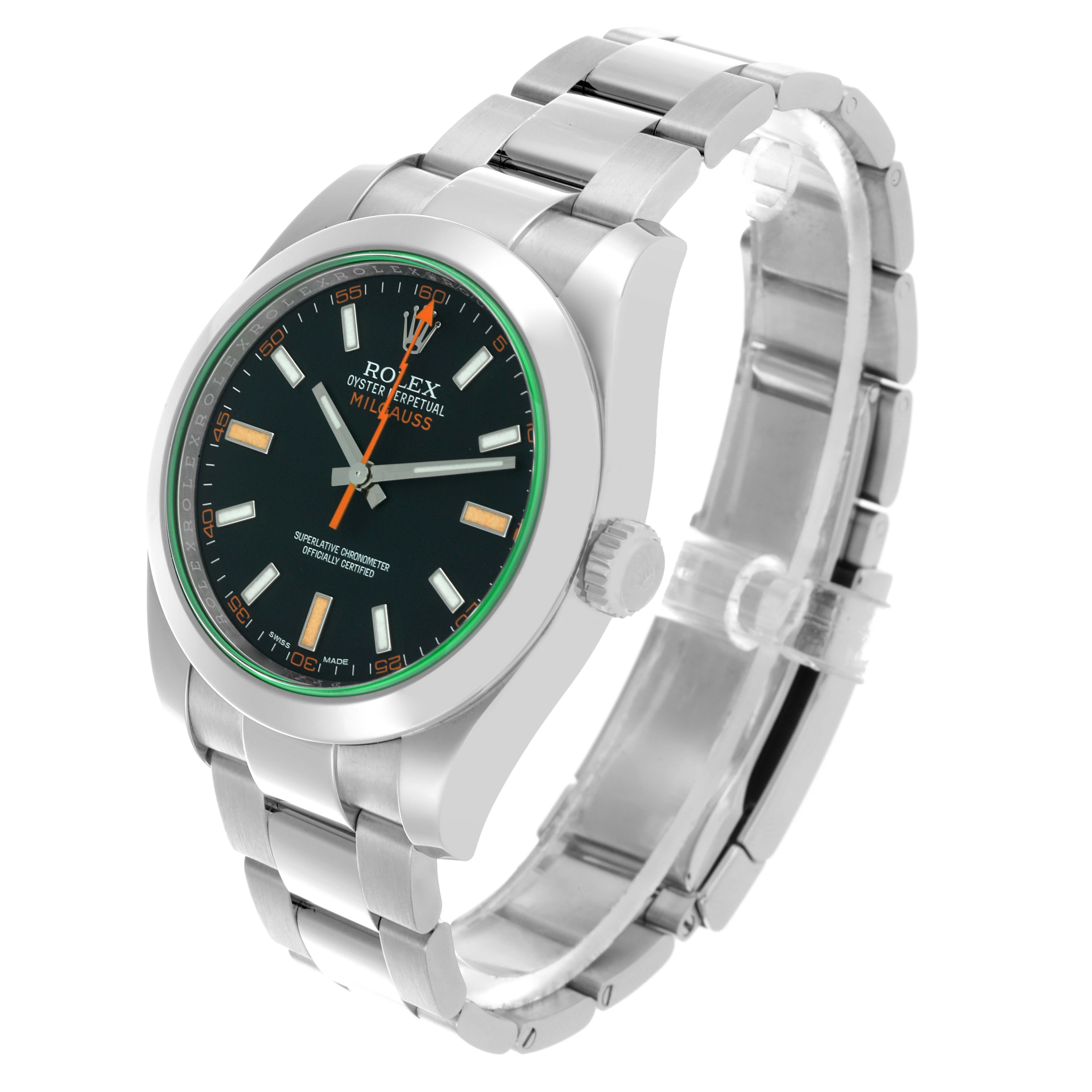The Rolex Milgauss 116400GV Men's Stainless Steel Black Dial 116400GV Men's Stainless Steel Black Dial watch is shown at an angled side view, highlighting the dial, bezel, bracelet, and crown.