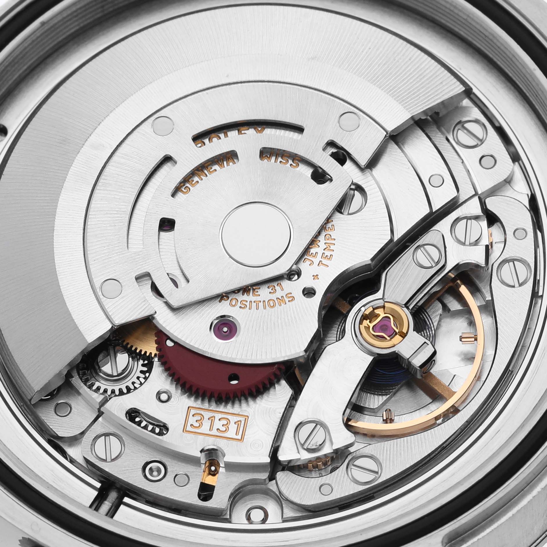 The image shows the movement and intricate inner workings of the Rolex Milgauss 116400GV Men's Stainless Steel Black Dial 116400GV Men's Stainless Steel Black Dial watch from a back angle.