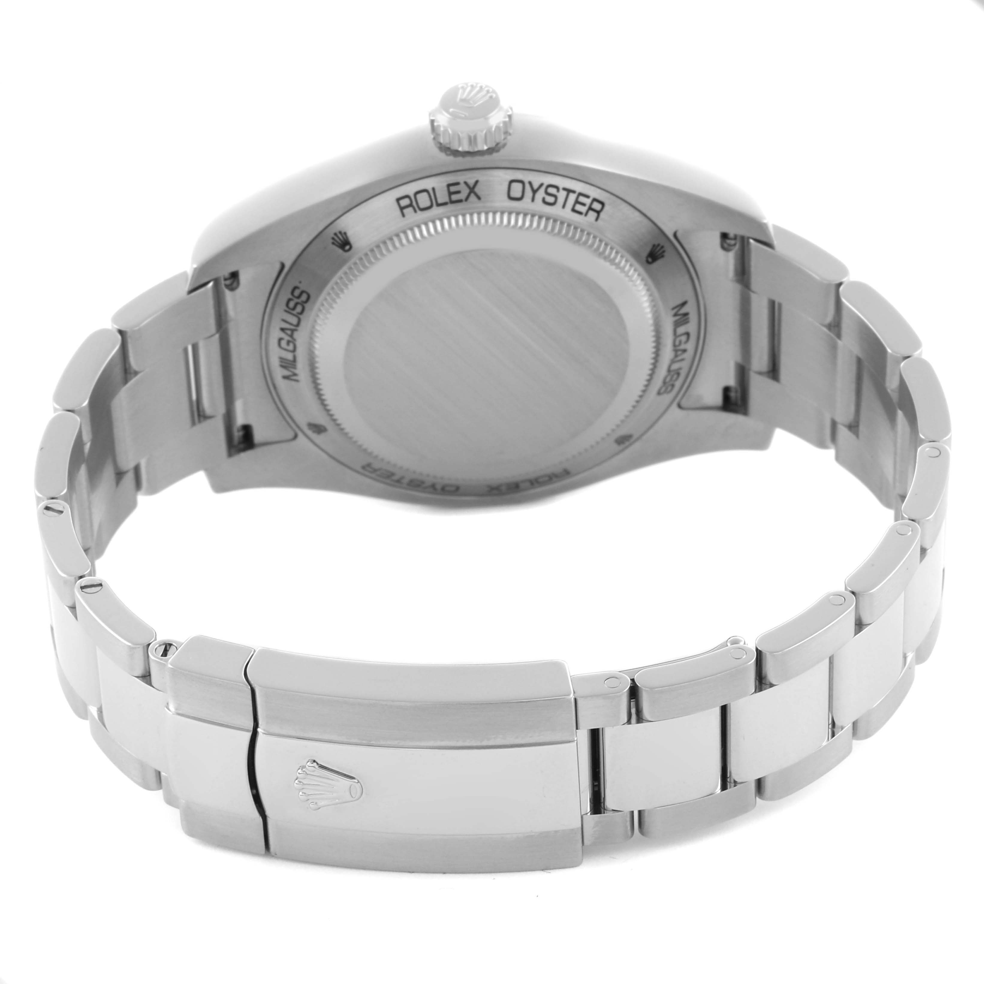The image shows the back view and bracelet of the Rolex Milgauss 116400GV Men's Stainless Steel Black Dial 116400GV Men's Stainless Steel Black Dial watch.