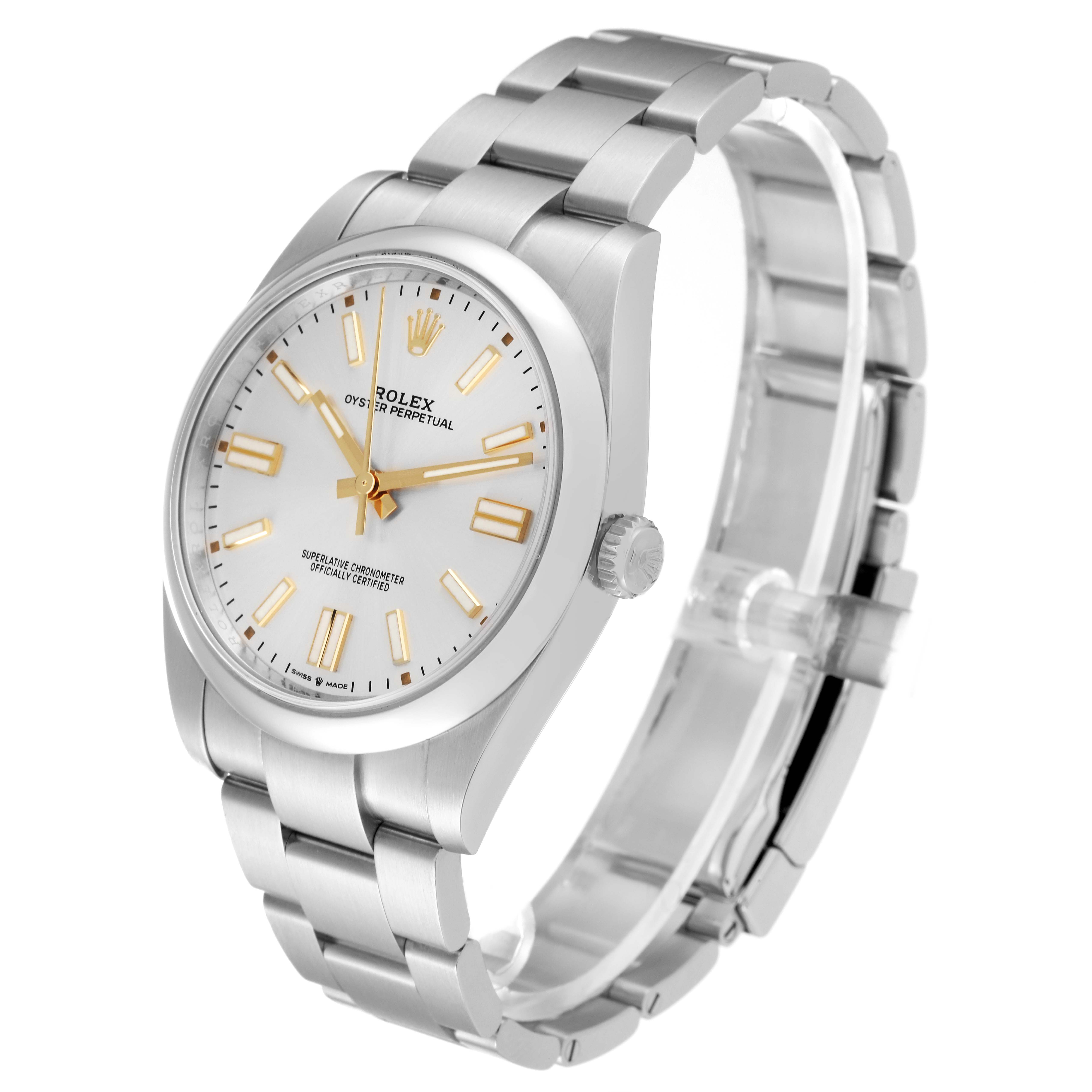 The image shows a Rolex Oyster Perpetual 124300 Men
s Stainless Steel Silver Dial 124300 Men
s Stainless Steel Silver Dial watch from a front-side angle, highlighting its face, bezel, and bracelet.