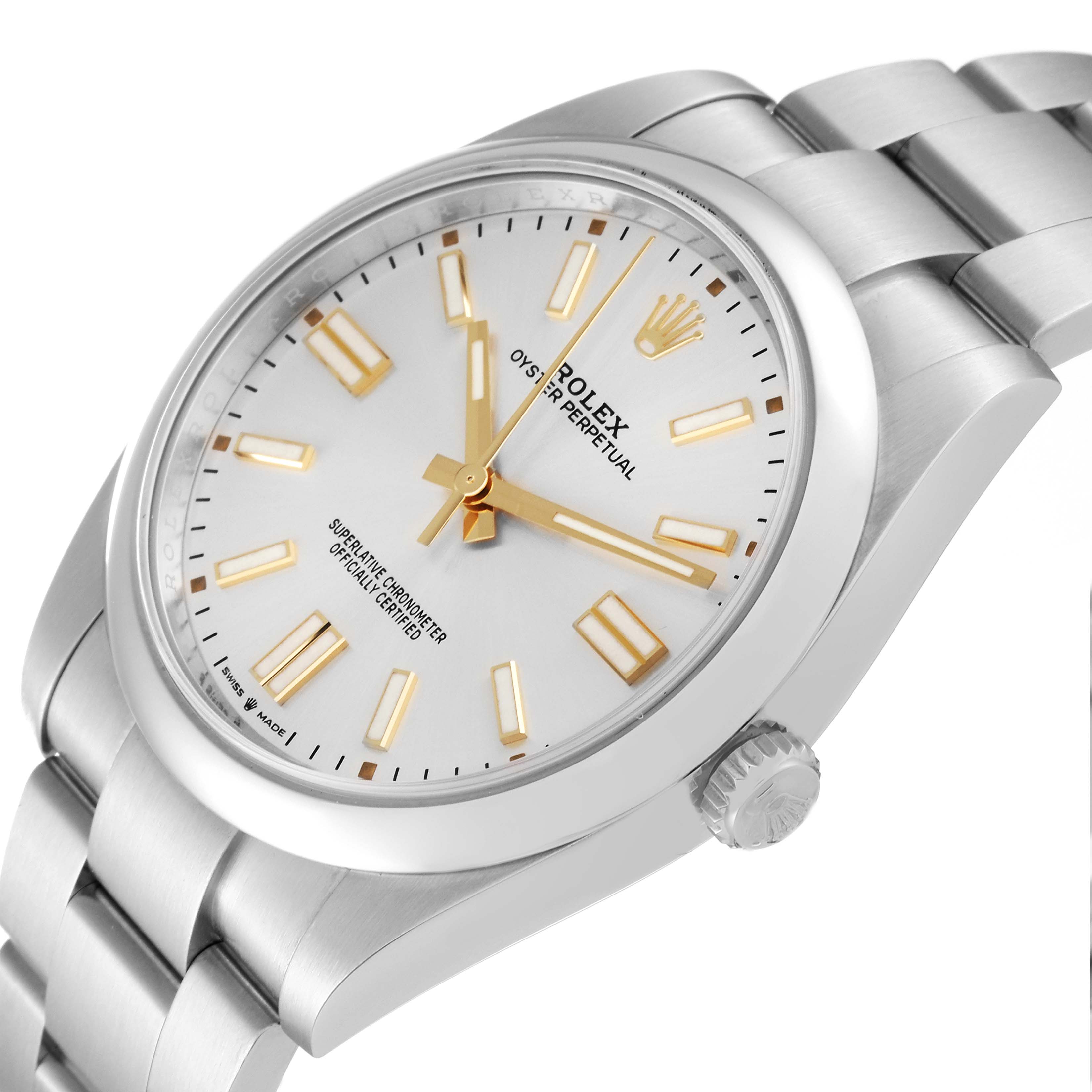 The image shows a Rolex Oyster Perpetual 124300 Men
s Stainless Steel Silver Dial 124300 Men
s Stainless Steel Silver Dial watch at a slight side angle, highlighting the dial, hands, case, and part of the bracelet.