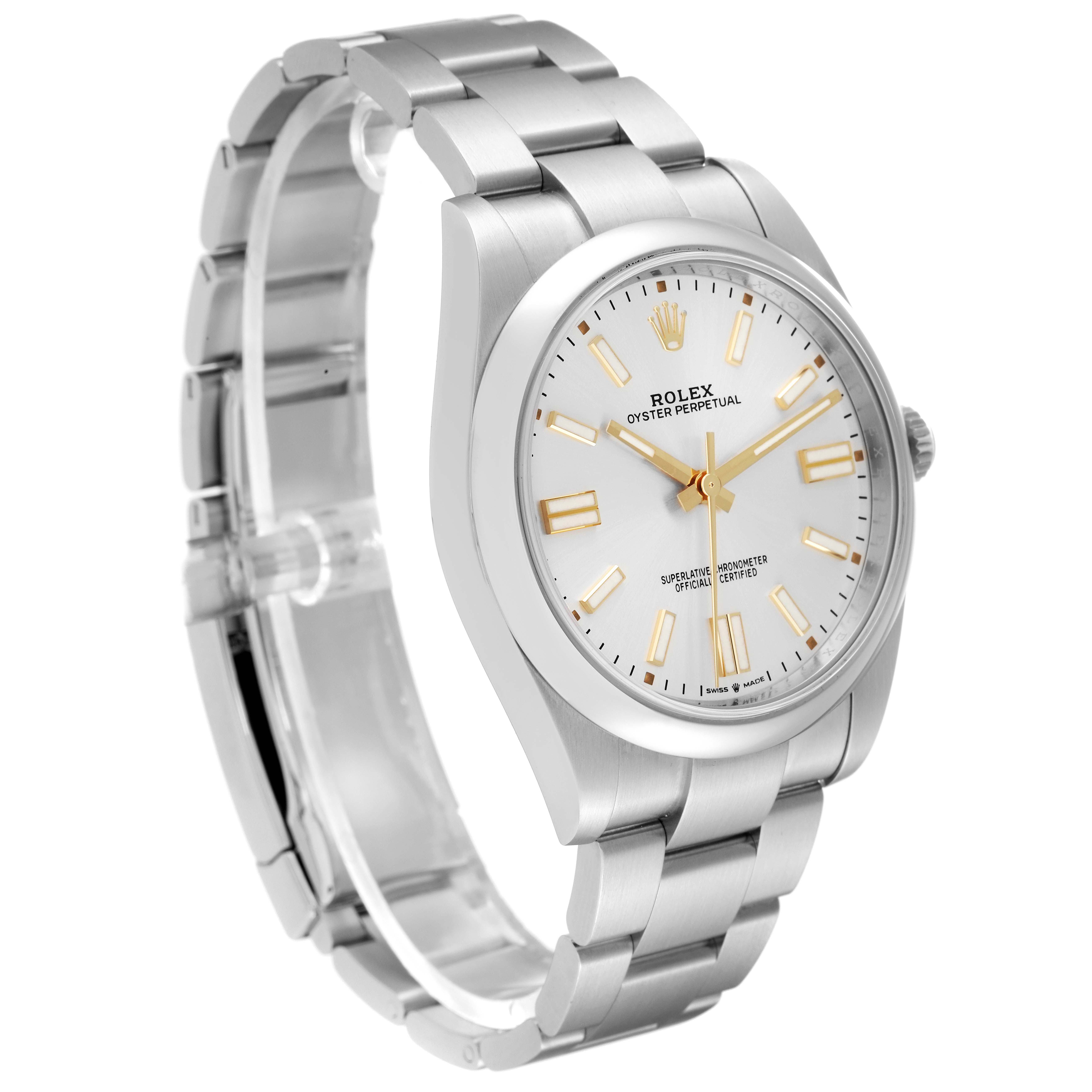 The image shows a three-quarter view of a Rolex Oyster Perpetual 124300 Men
s Stainless Steel Silver Dial 124300 Men
s Stainless Steel Silver Dial watch, displaying the dial, case, and bracelet.