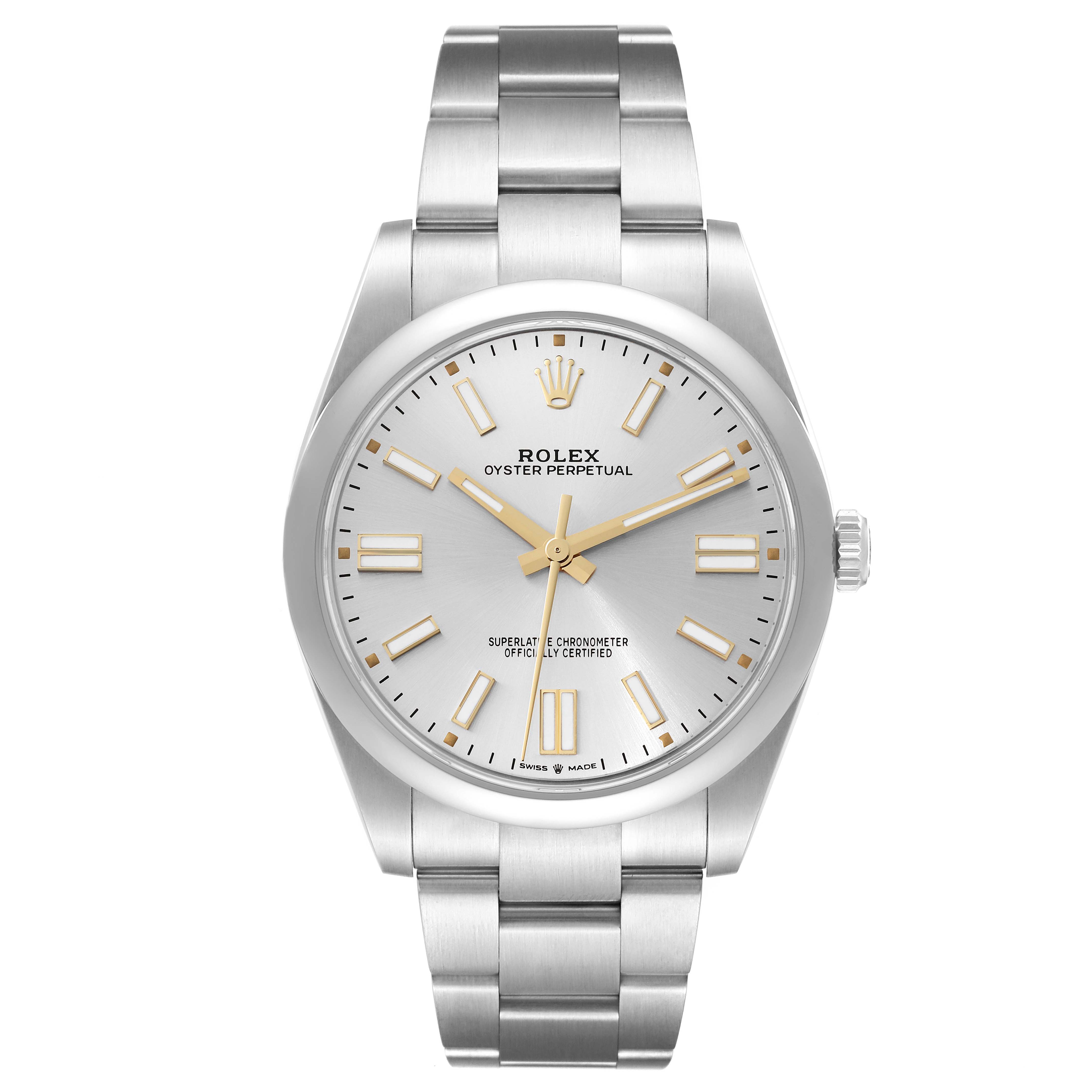 The image shows a front view of a Rolex Oyster Perpetual 124300 Men
s Stainless Steel Silver Dial 124300 Men
s Stainless Steel Silver Dial watch, highlighting the dial, bracelet, and crown.
