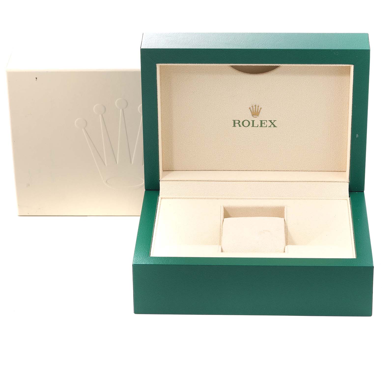The photo shows an open green and cream Rolex watch box designed for the Oyster Perpetual model.