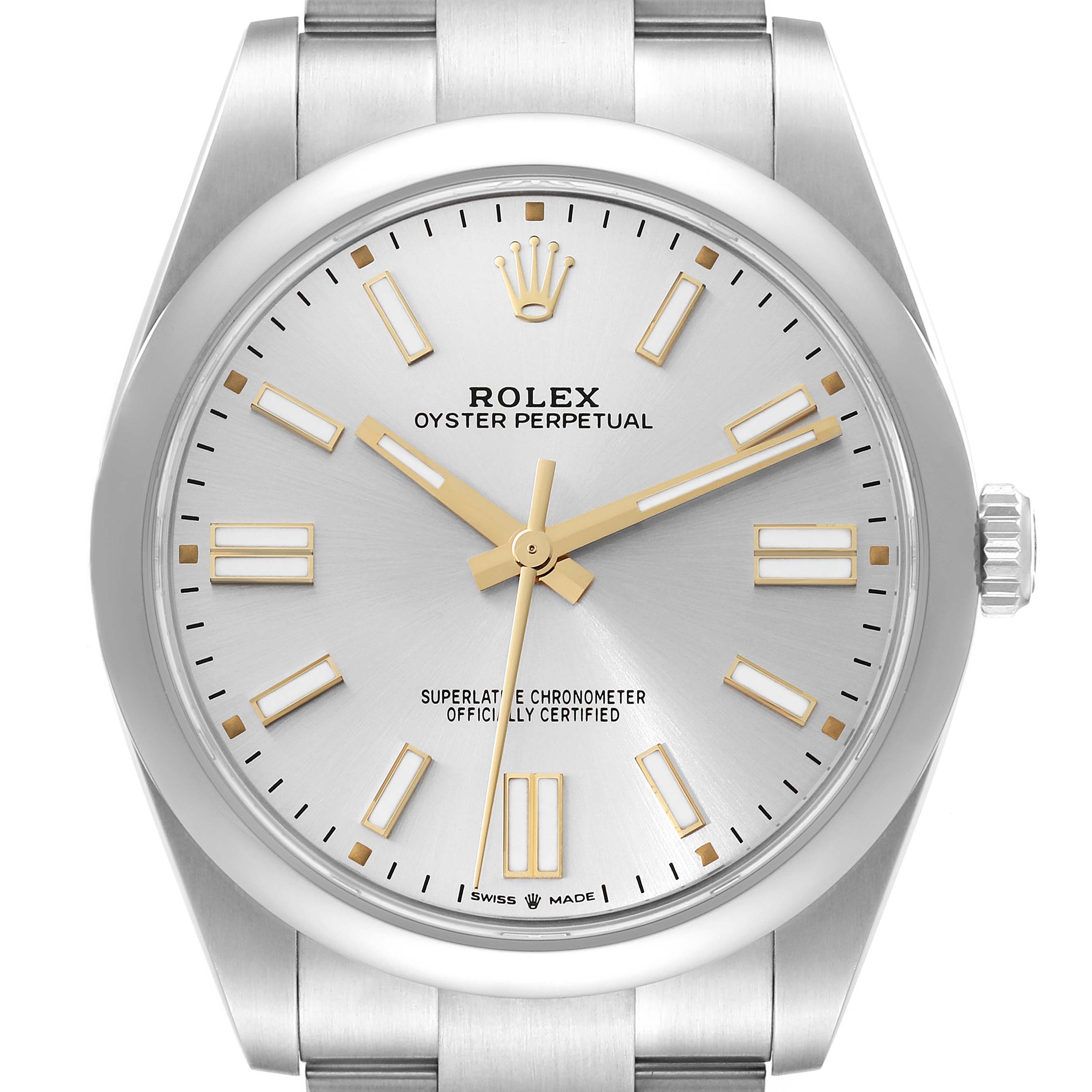 This is a front view of the Rolex Oyster Perpetual 124300 Men
s Stainless Steel Silver Dial 124300 Men
s Stainless Steel Silver Dial watch, showing the dial, hands, case, and part of the bracelet.