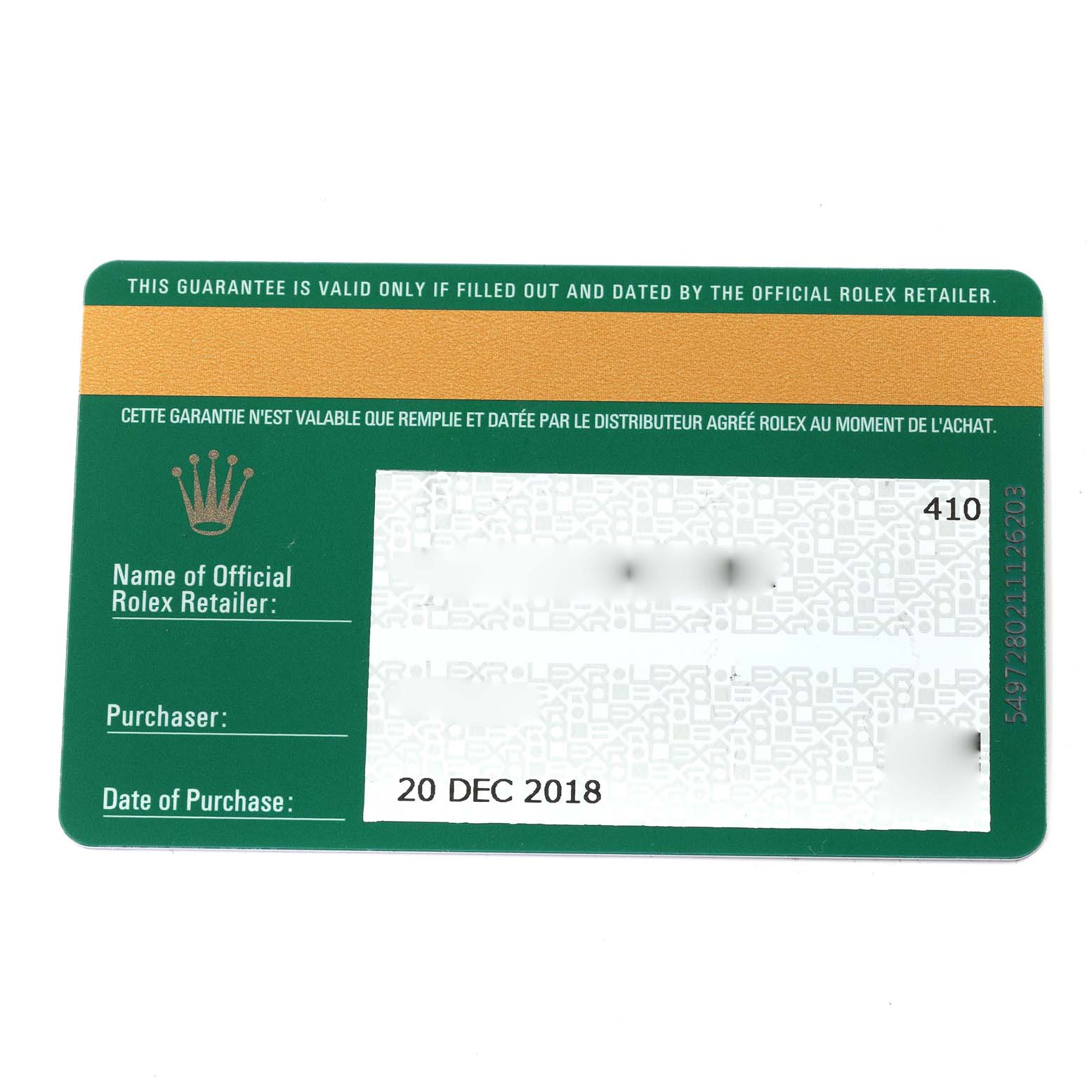 This image shows a guarantee card for a Rolex Oyster Perpetual 114200 Men's Stainless Steel Black Dial 114200 Men's Stainless Steel Black Dial, detailing the retailer, purchaser, and date of purchase.