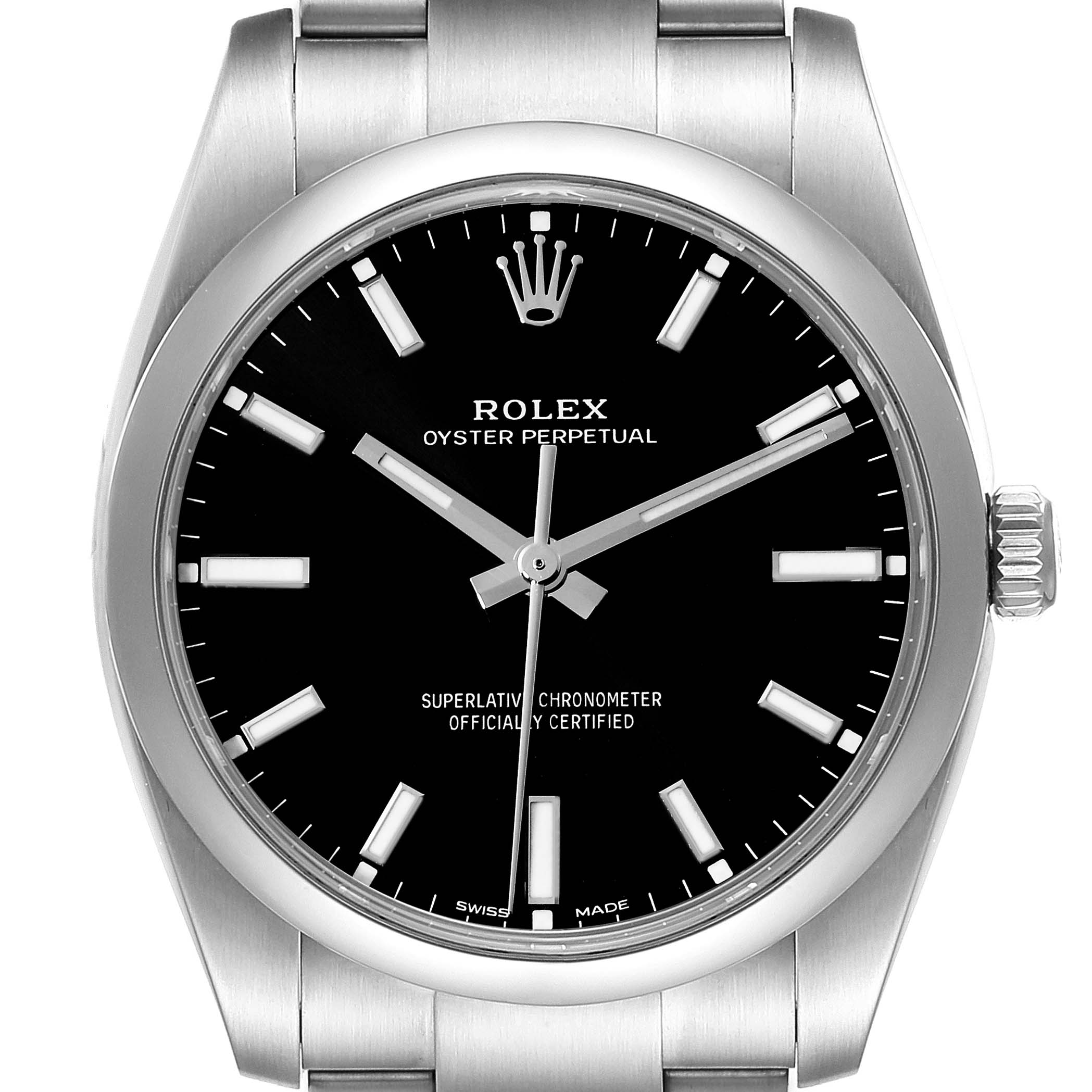 The image shows a frontal view of a Rolex Oyster Perpetual 114200 Men's Stainless Steel Black Dial 114200 Men's Stainless Steel Black Dial watch, highlighting the dial, hands, crown, and part of the bracelet.