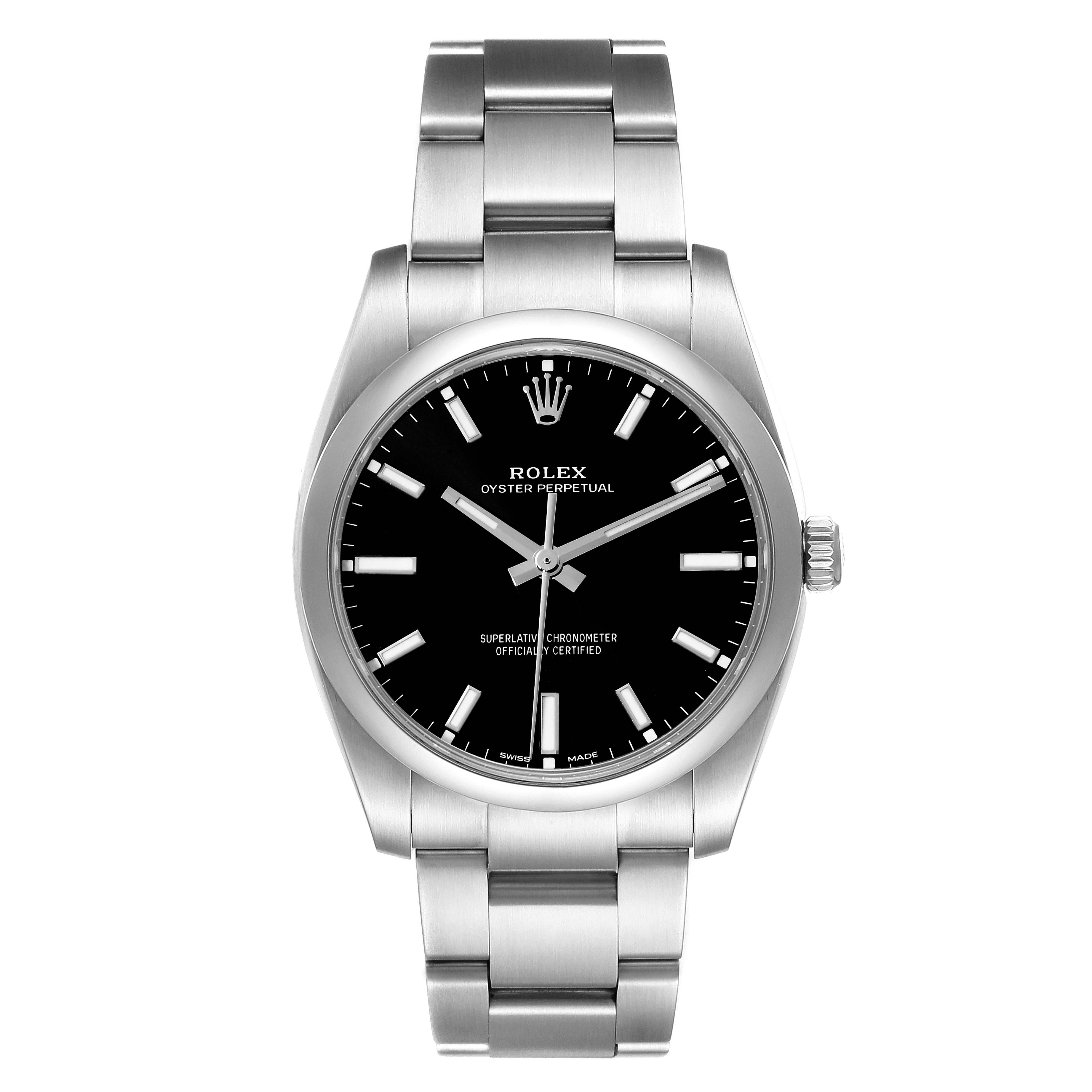 This image shows a front view of a Rolex Oyster Perpetual 114200 Men's Stainless Steel Black Dial 114200 Men's Stainless Steel Black Dial watch, displaying the face, bracelet, and crown.