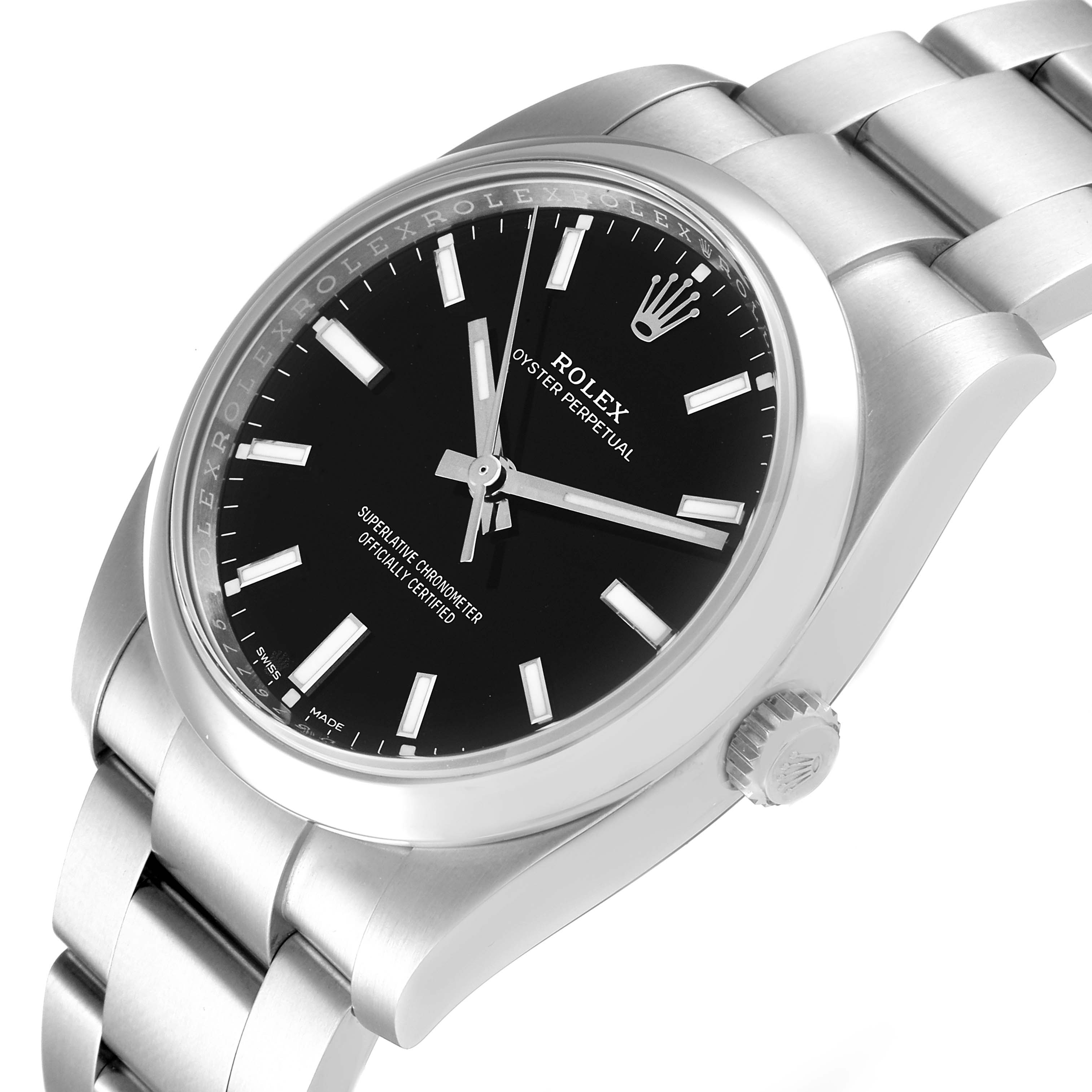 The image shows a close-up view of the Rolex Oyster Perpetual 114200 Men's Stainless Steel Black Dial 114200 Men's Stainless Steel Black Dial watch from an angled perspective, highlighting the dial, bezel, and bracelet.