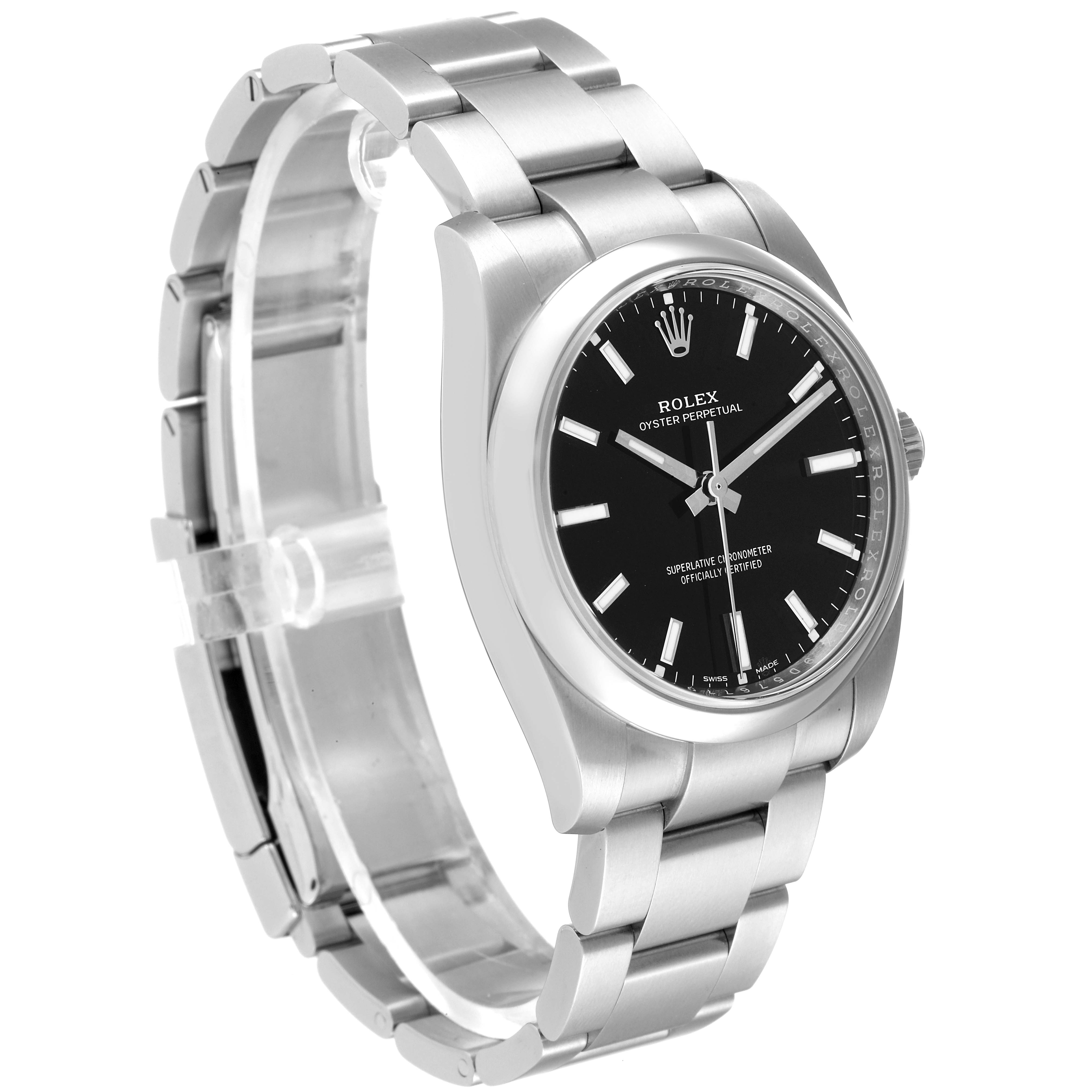 The Rolex Oyster Perpetual 114200 Men's Stainless Steel Black Dial 114200 Men's Stainless Steel Black Dial watch is shown at a slight angle highlighting the dial, bezel, and part of the bracelet.