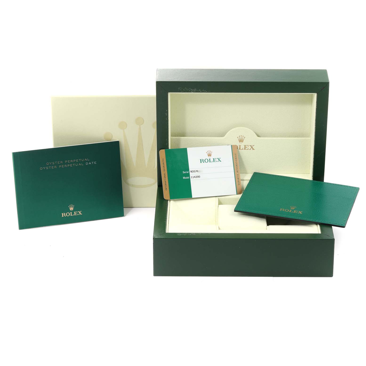 The image shows the packaging and accessories of a Rolex Oyster Perpetual 114200 Men's Stainless Steel Black Dial 114200 Men's Stainless Steel Black Dial watch, including the box, warranty card, and documents.