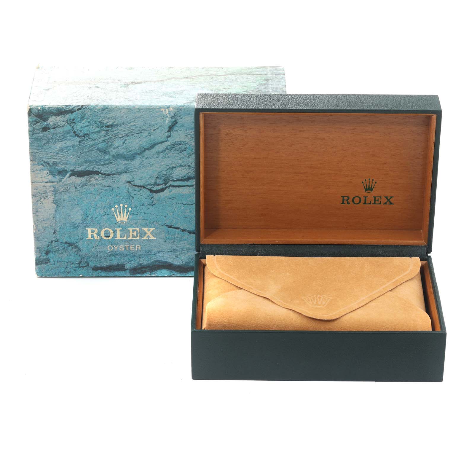 The image shows an open Rolex Oyster box containing a tan leather pouch for the Mid-Size Rolex model.