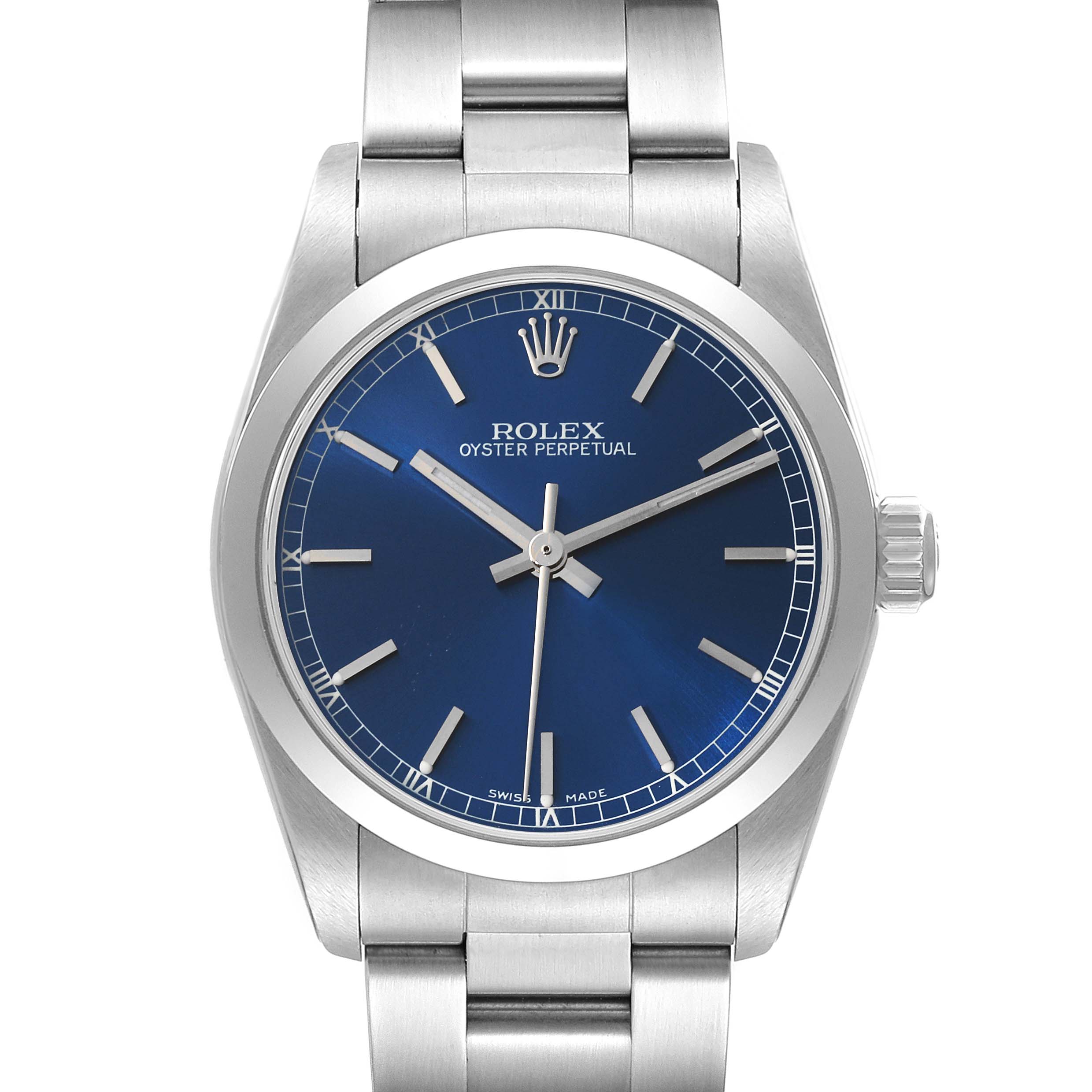 The Rolex Mid-Size 77080 Women
s Stainless Steel Blue Dial 77080 Women
s Stainless Steel Blue Dial Oyster Perpetual watch is shown from the front, displaying the blue dial and stainless steel bracelet.