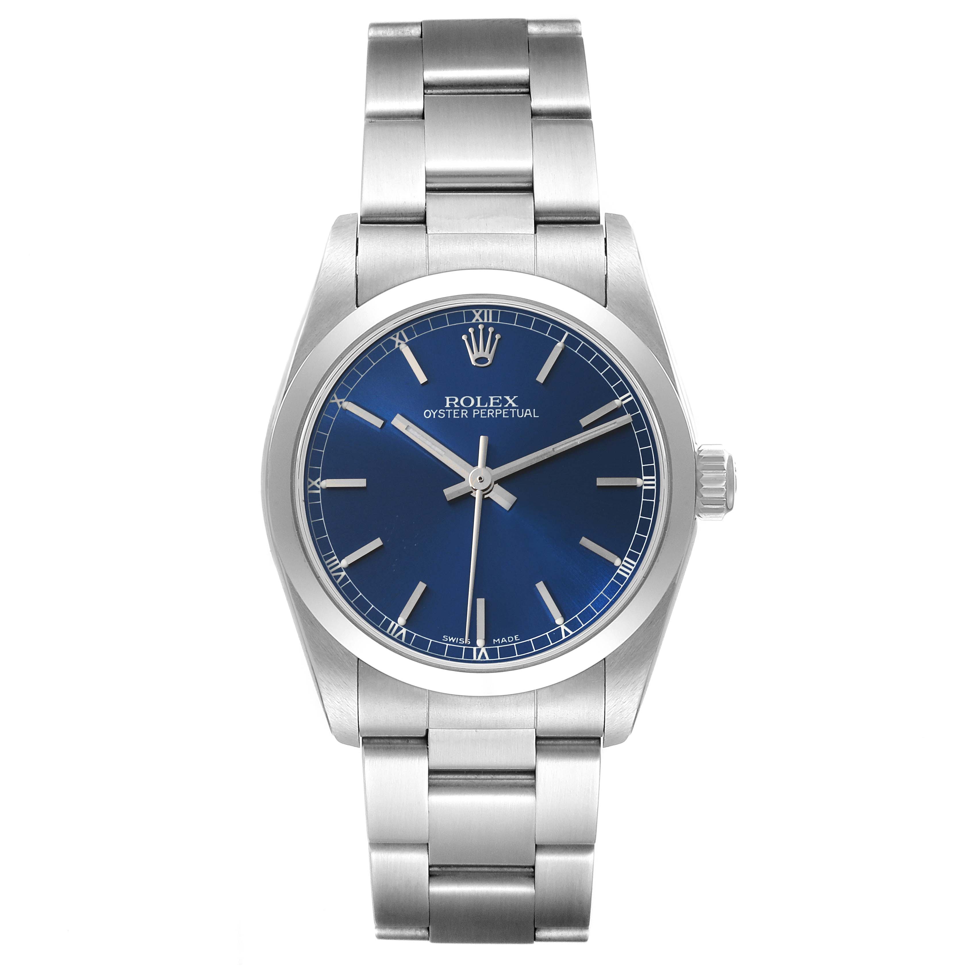 This image shows a front view of the Rolex Mid-Size 77080 Women
s Stainless Steel Blue Dial 77080 Women
s Stainless Steel Blue Dial Oyster Perpetual watch featuring a blue dial and a stainless steel bracelet.