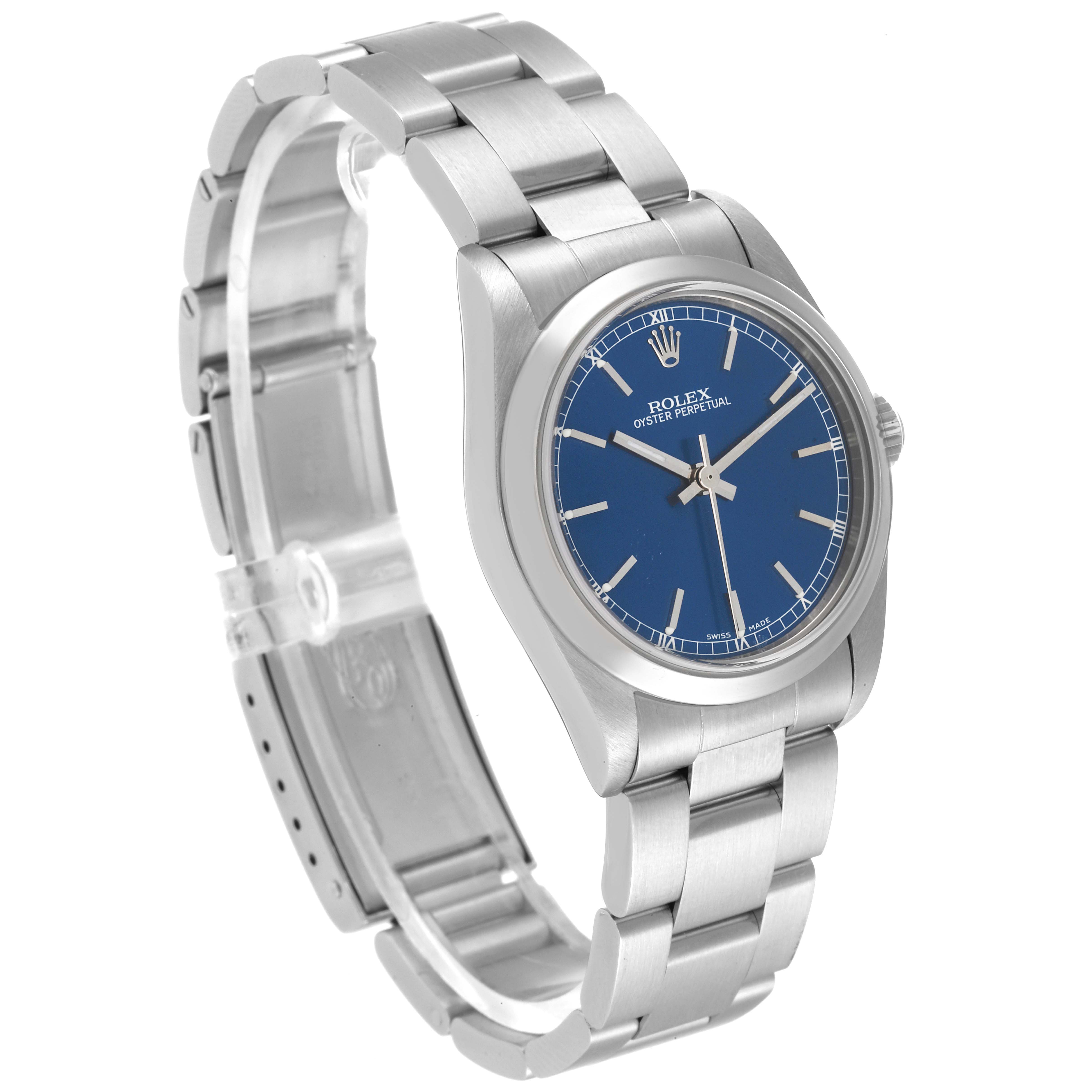 The Rolex Mid-Size 77080 Women
s Stainless Steel Blue Dial 77080 Women
s Stainless Steel Blue Dial model watch is angled to show the face, case, and part of the bracelet band.