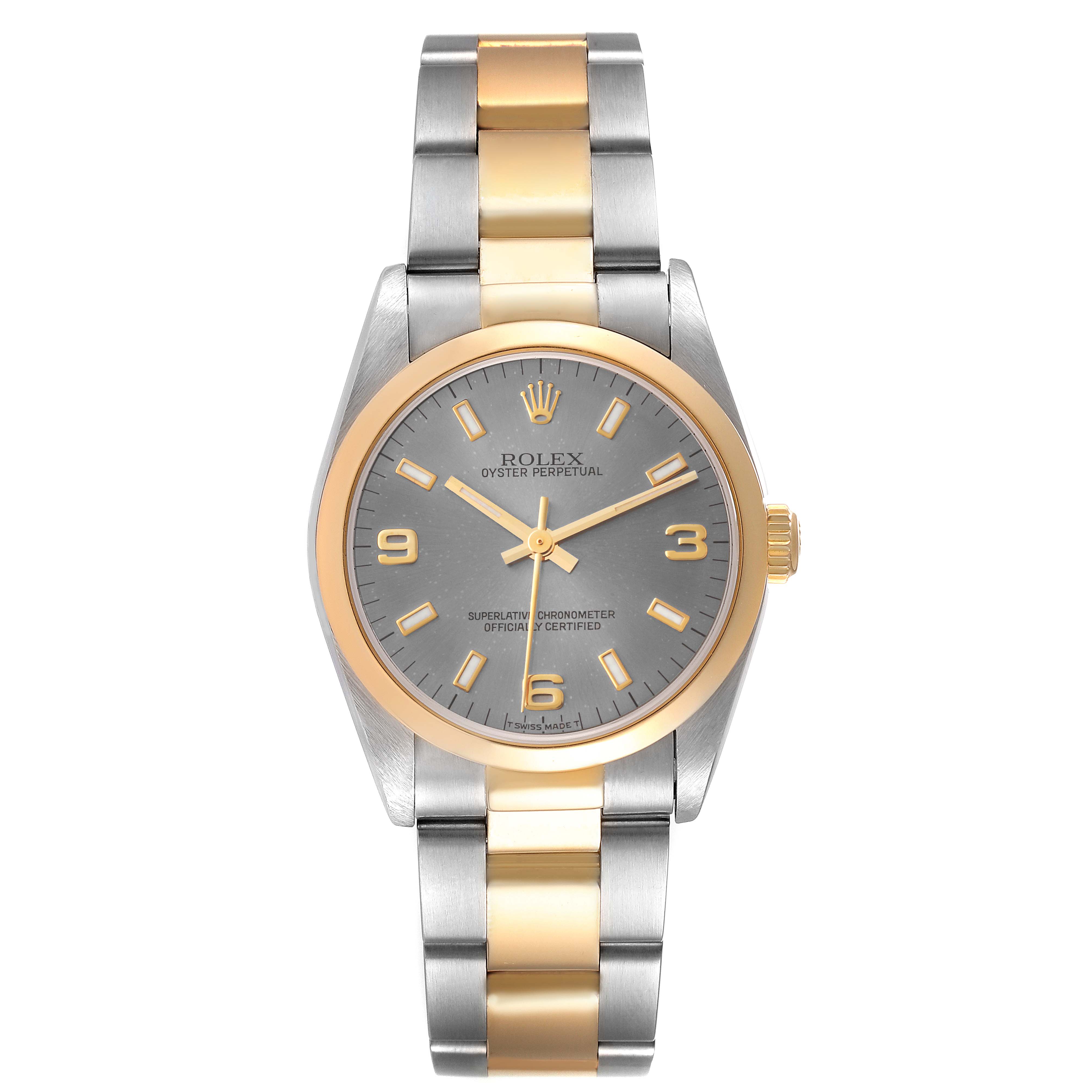 The image displays a front view of a Mid-Size Rolex Oyster Perpetual watch with a gold and silver bracelet.