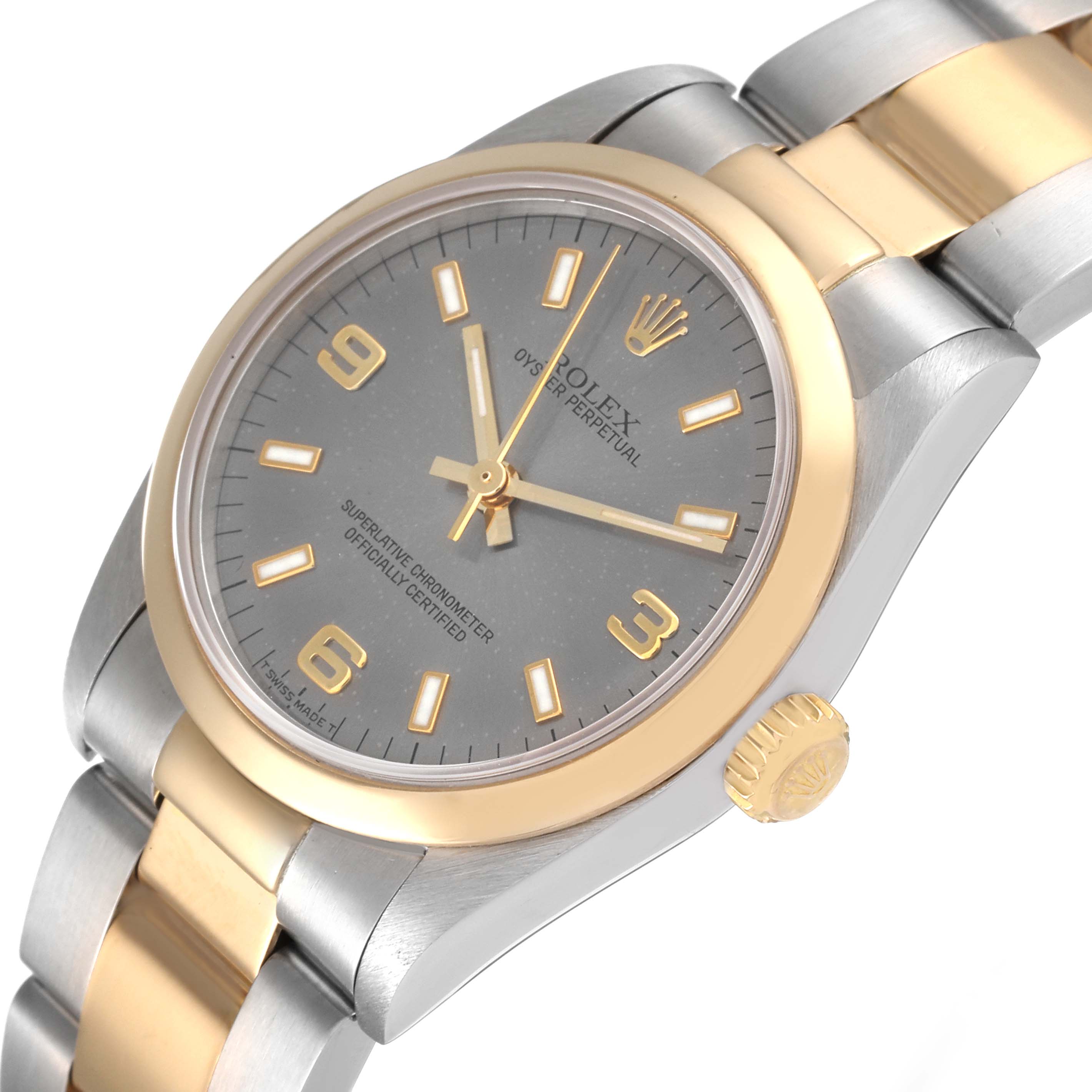 This image shows a Mid-Size Rolex Oyster Perpetual watch from an angled view, highlighting the dial, bezel, crown, and bracelet.