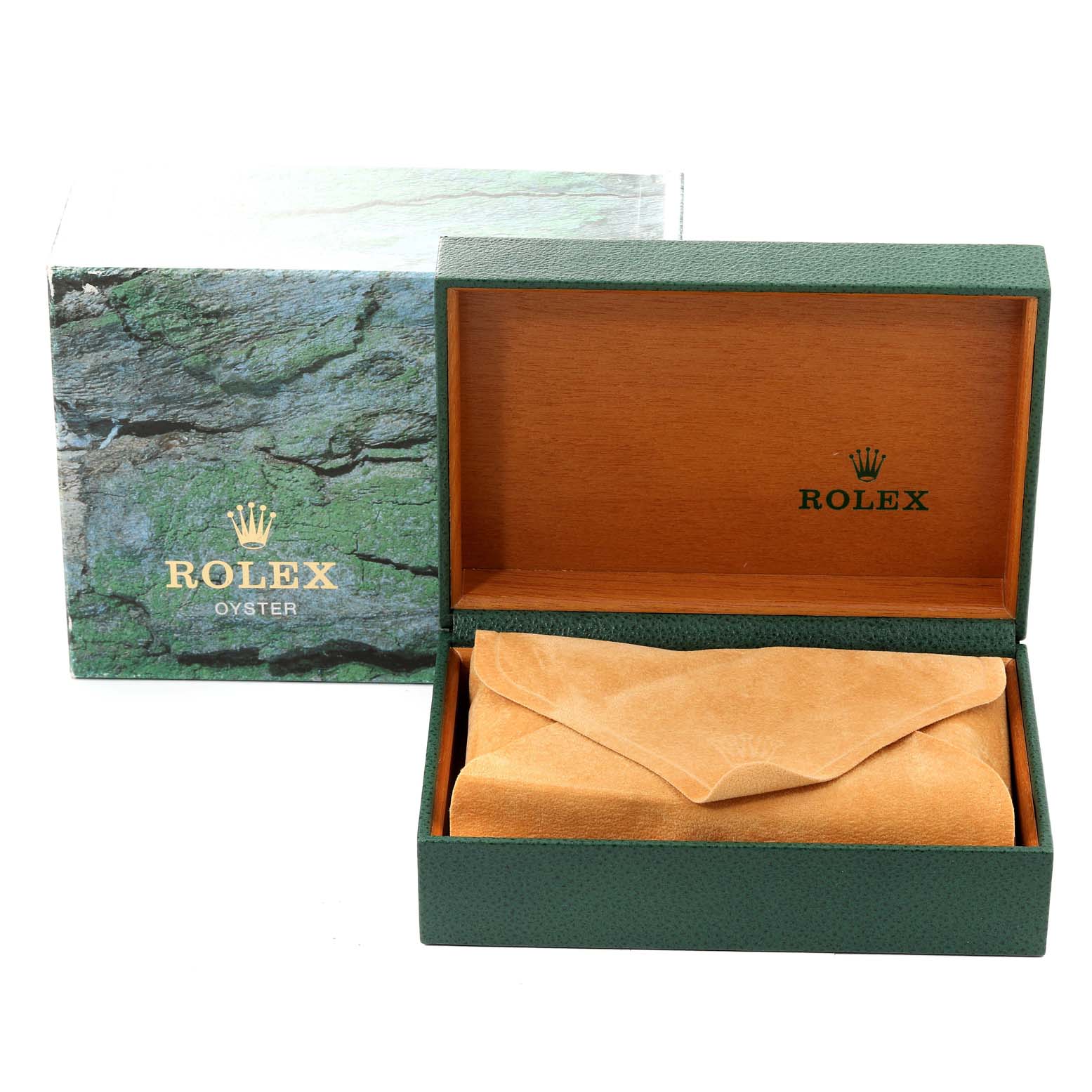 The image shows an open Rolex Mid-Size 77483 Women's Steel and Gold (two tone) Grey Dial 77483 Women's Steel and Gold (two tone) Grey Dial watch box, displaying its interior, a protective cover, and the outer packaging.