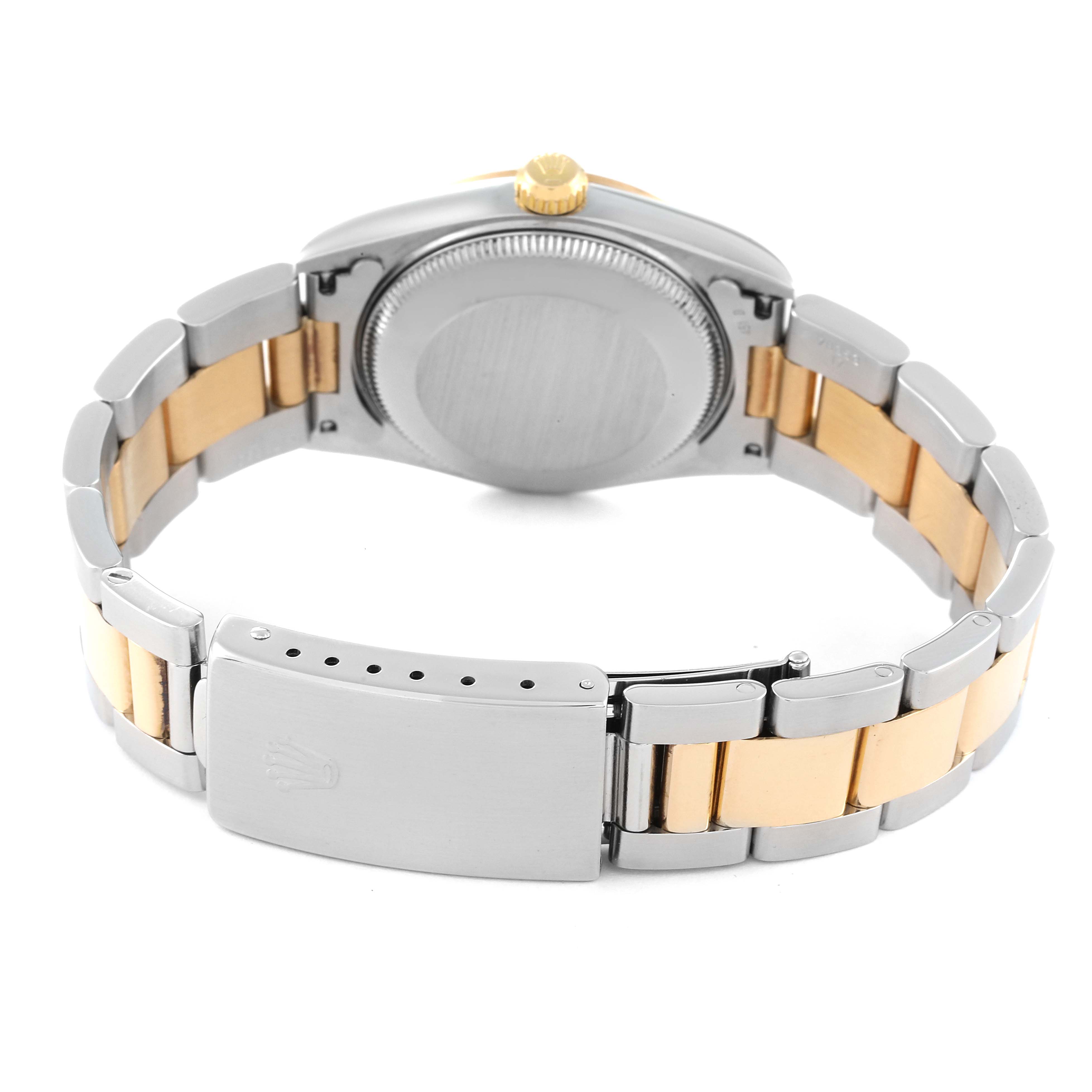 The image shows the back view of a Rolex Mid-Size 77483 Women's Steel and Gold (two tone) Grey Dial 77483 Women's Steel and Gold (two tone) Grey Dial watch, highlighting its two-tone bracelet and clasp.