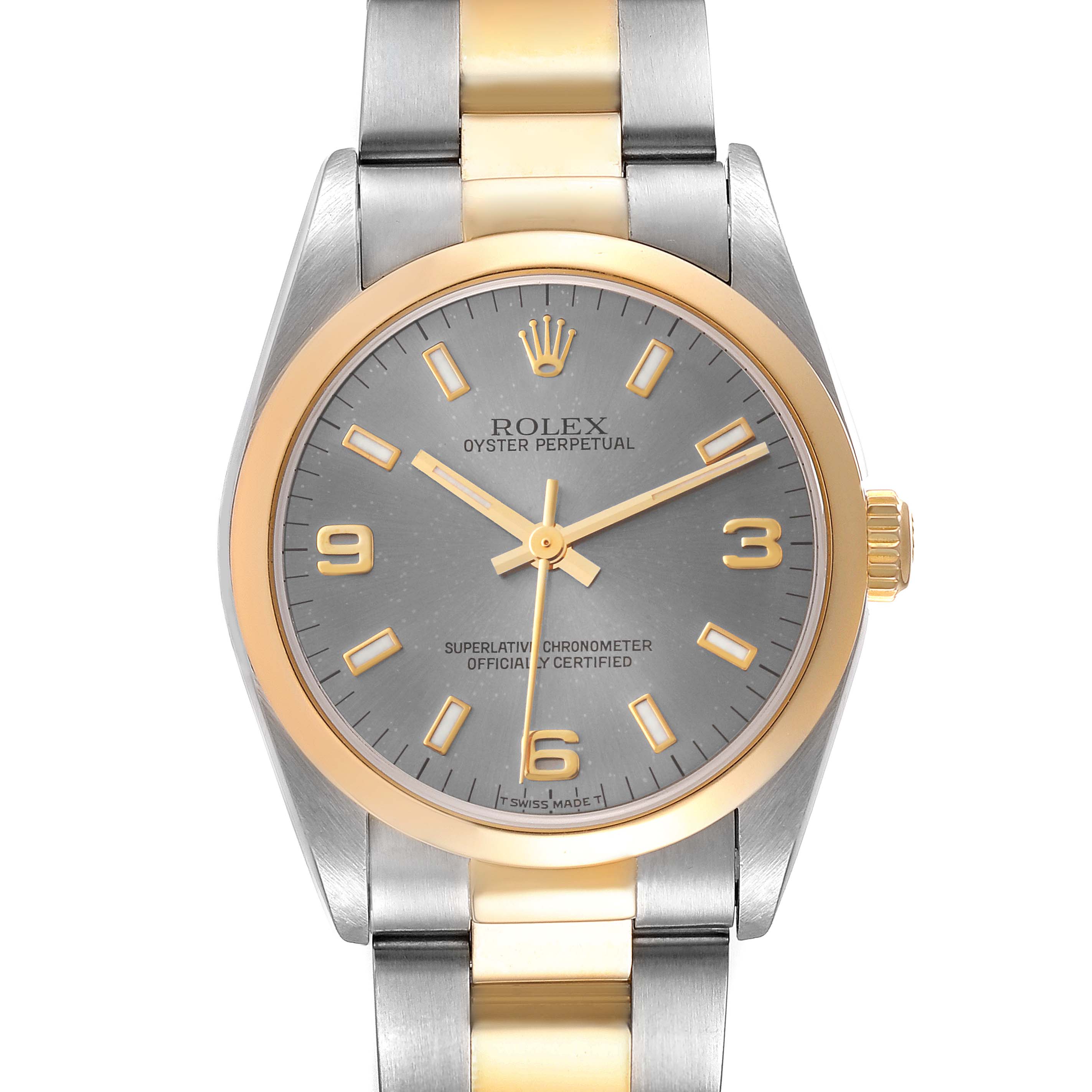 The image shows a top-down view of a Rolex Oyster Perpetual Mid-Size watch with a grey dial and two-tone metal bracelet.
