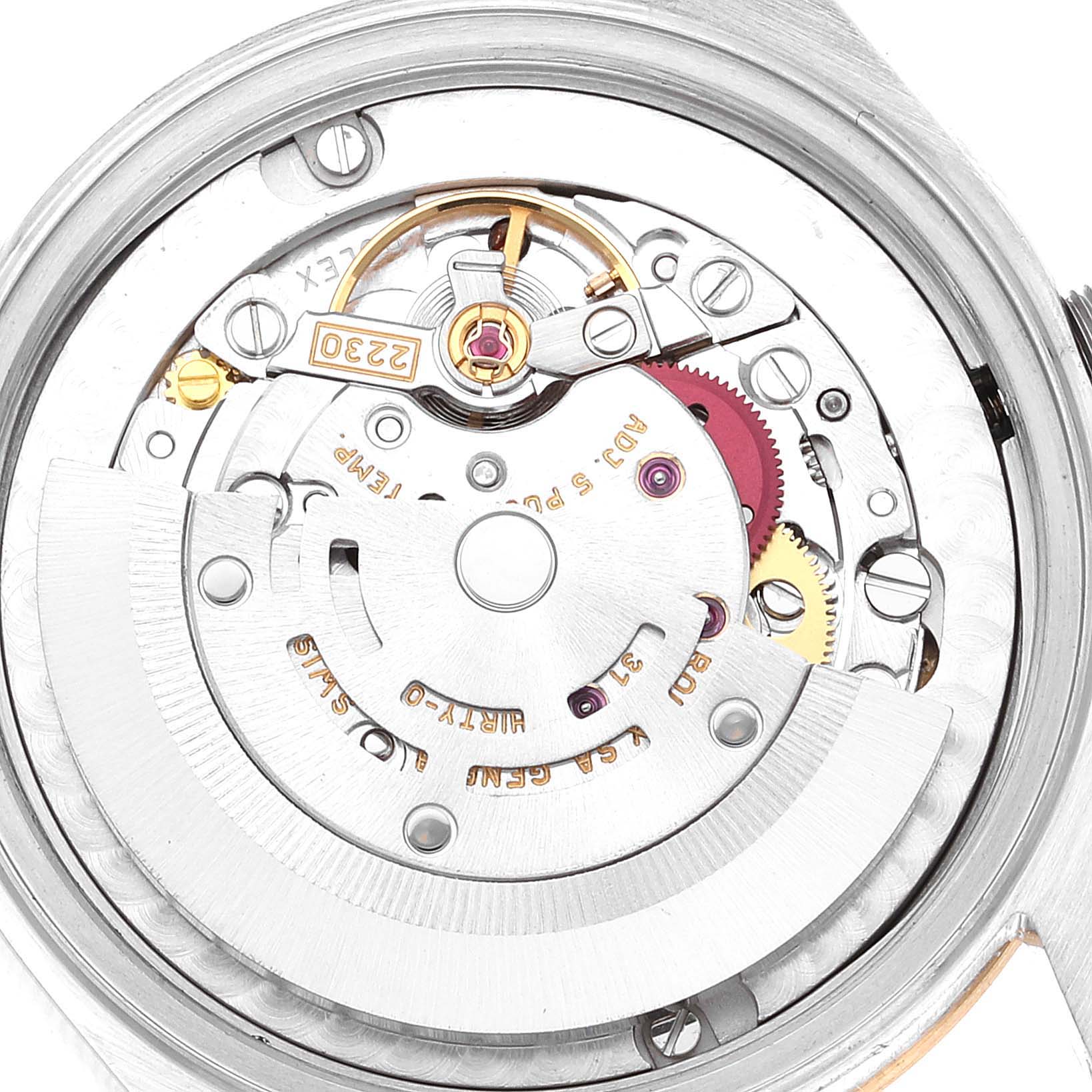This image shows the inner mechanical movement components of a Rolex Mid-Size 77483 Women's Steel and Gold (two tone) Grey Dial 77483 Women's Steel and Gold (two tone) Grey Dial watch from a top-down angle.