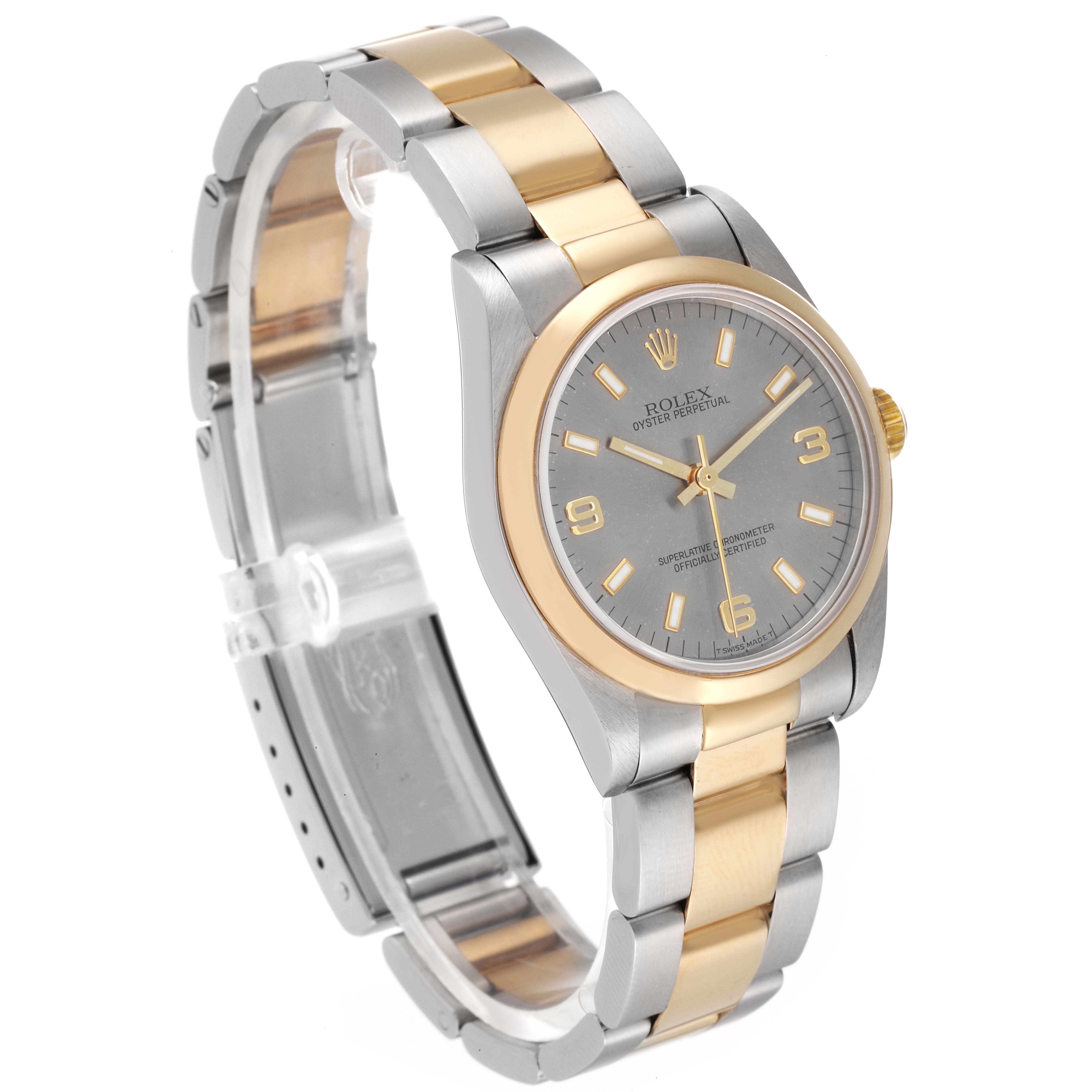 The image shows a side angle of the Rolex Mid-Size 77483 Women's Steel and Gold (two tone) Grey Dial 77483 Women's Steel and Gold (two tone) Grey Dial model, highlighting the face and two-tone bracelet band.