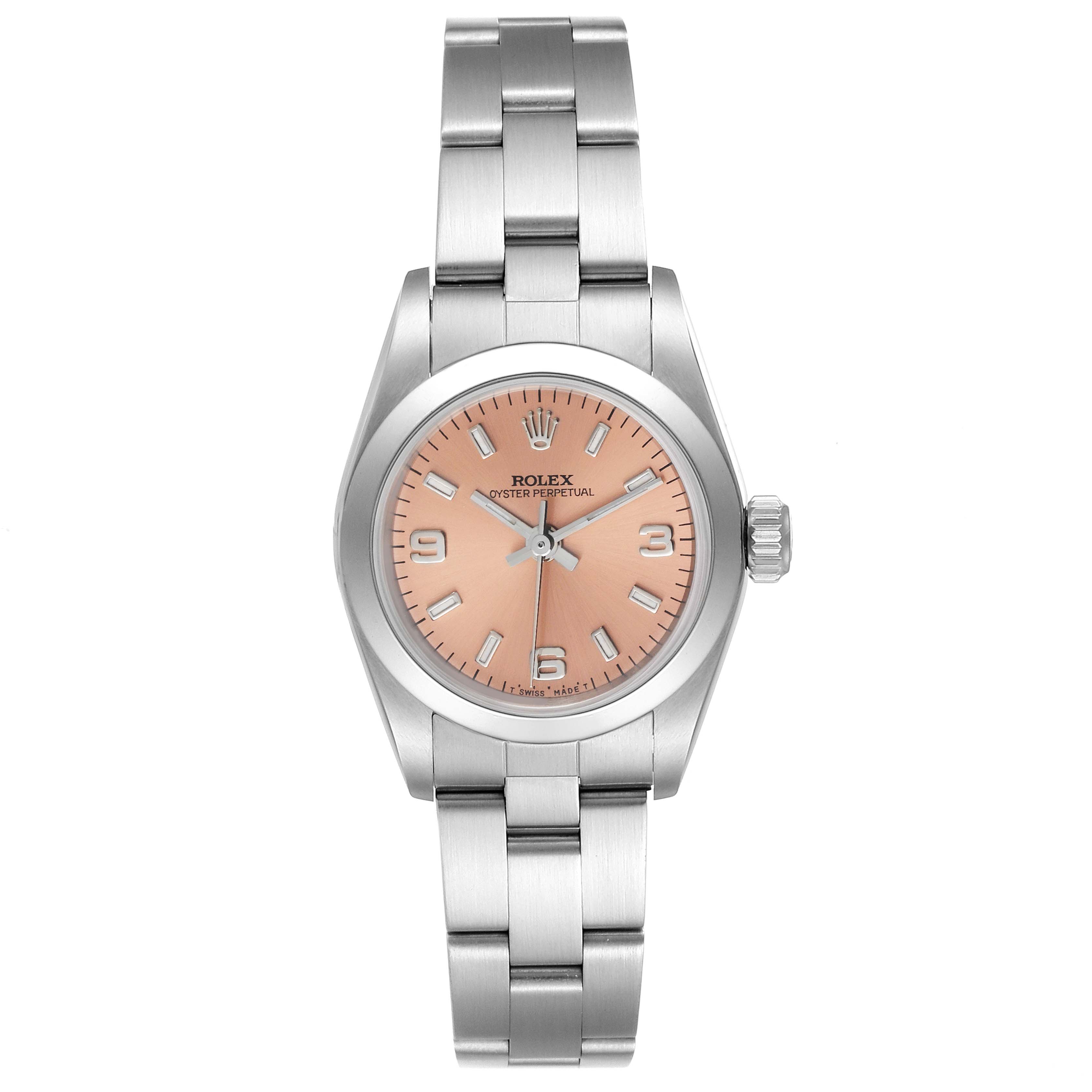The image shows a front view of the Rolex Oyster Perpetual 67180 Women
s Stainless Steel Pink Dial 67180 Women
s Stainless Steel Pink Dial watch, displaying the dial, case, and bracelet.