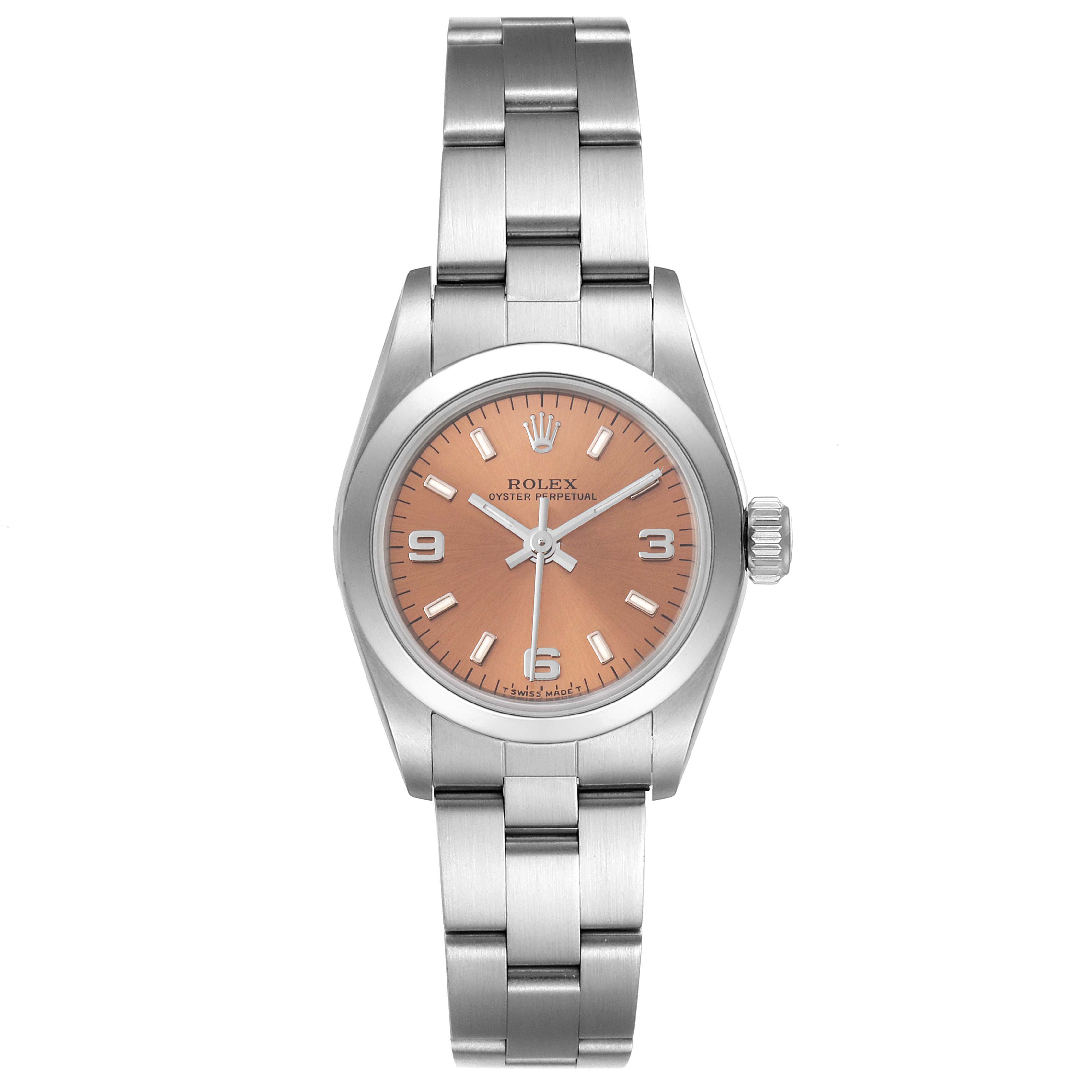 This image shows a front view of the Rolex Oyster Perpetual 67180 Women
s Stainless Steel Pink Dial 67180 Women
s Stainless Steel Pink Dial watch, displaying its face, bezel, and bracelet links.