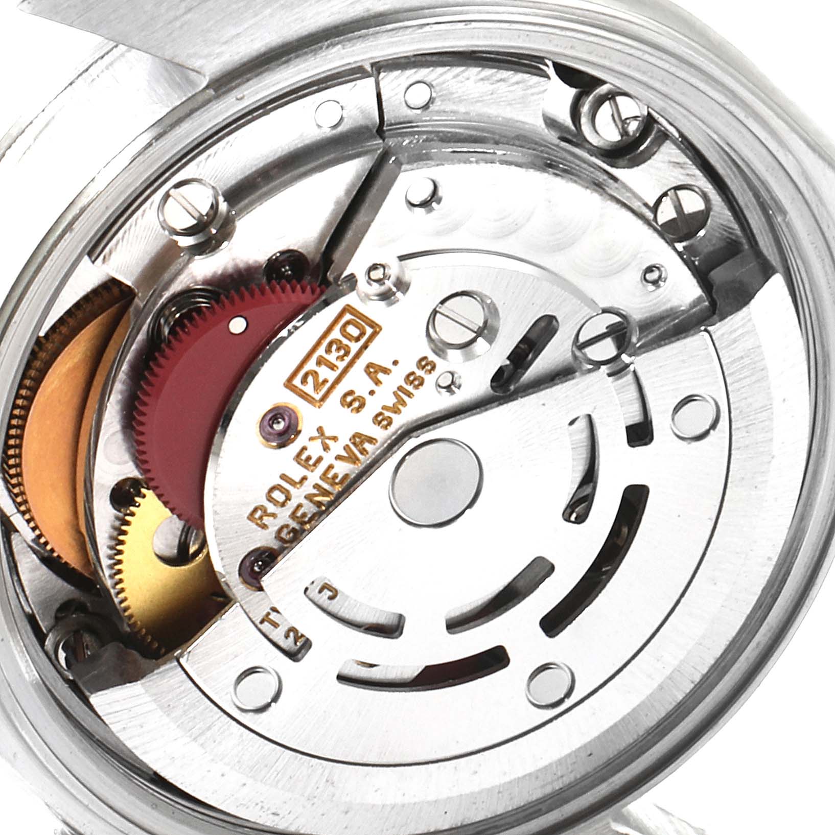 This image shows the internal mechanism of a Rolex Oyster Perpetual 67180 Women
s Stainless Steel Pink Dial 67180 Women
s Stainless Steel Pink Dial watch, focusing on the movement components.