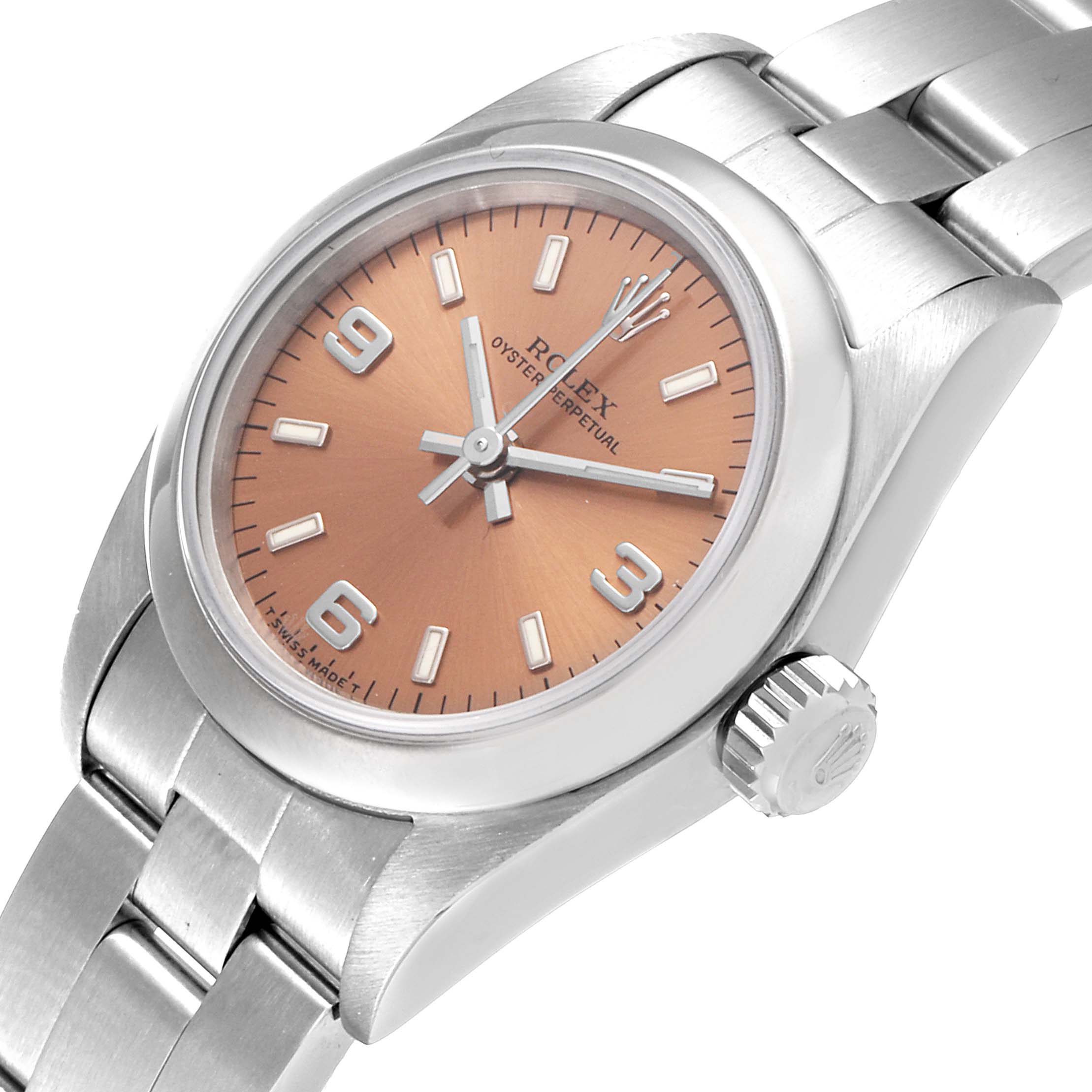 The Rolex Oyster Perpetual 67180 Women
s Stainless Steel Pink Dial 67180 Women
s Stainless Steel Pink Dial watch is shown at a slight angle, highlighting its face, bezel, crown, and part of the bracelet.