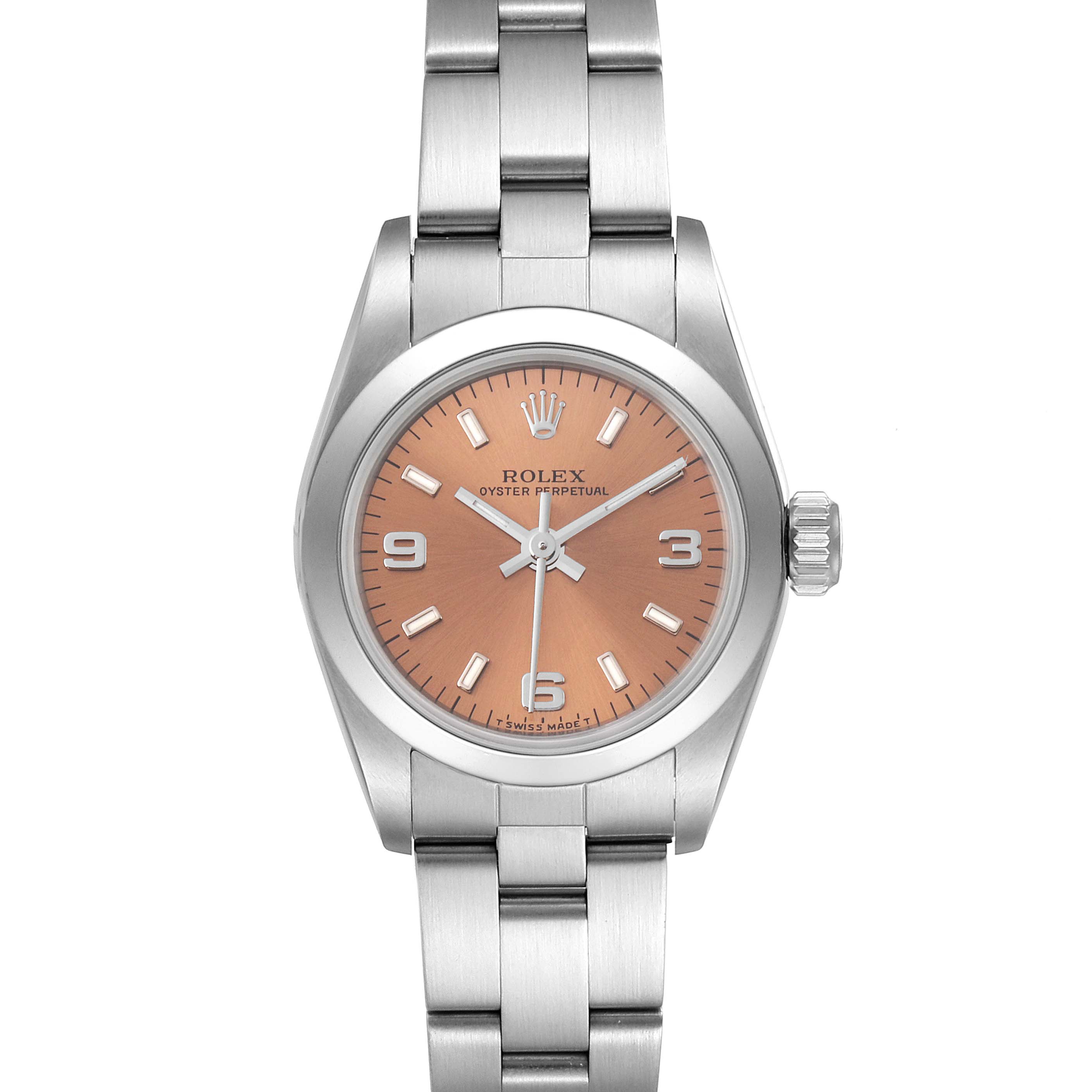 The image shows a front view of a Rolex Oyster Perpetual 67180 Women
s Stainless Steel Pink Dial 67180 Women
s Stainless Steel Pink Dial watch, highlighting the face, bezel, and bracelet.
