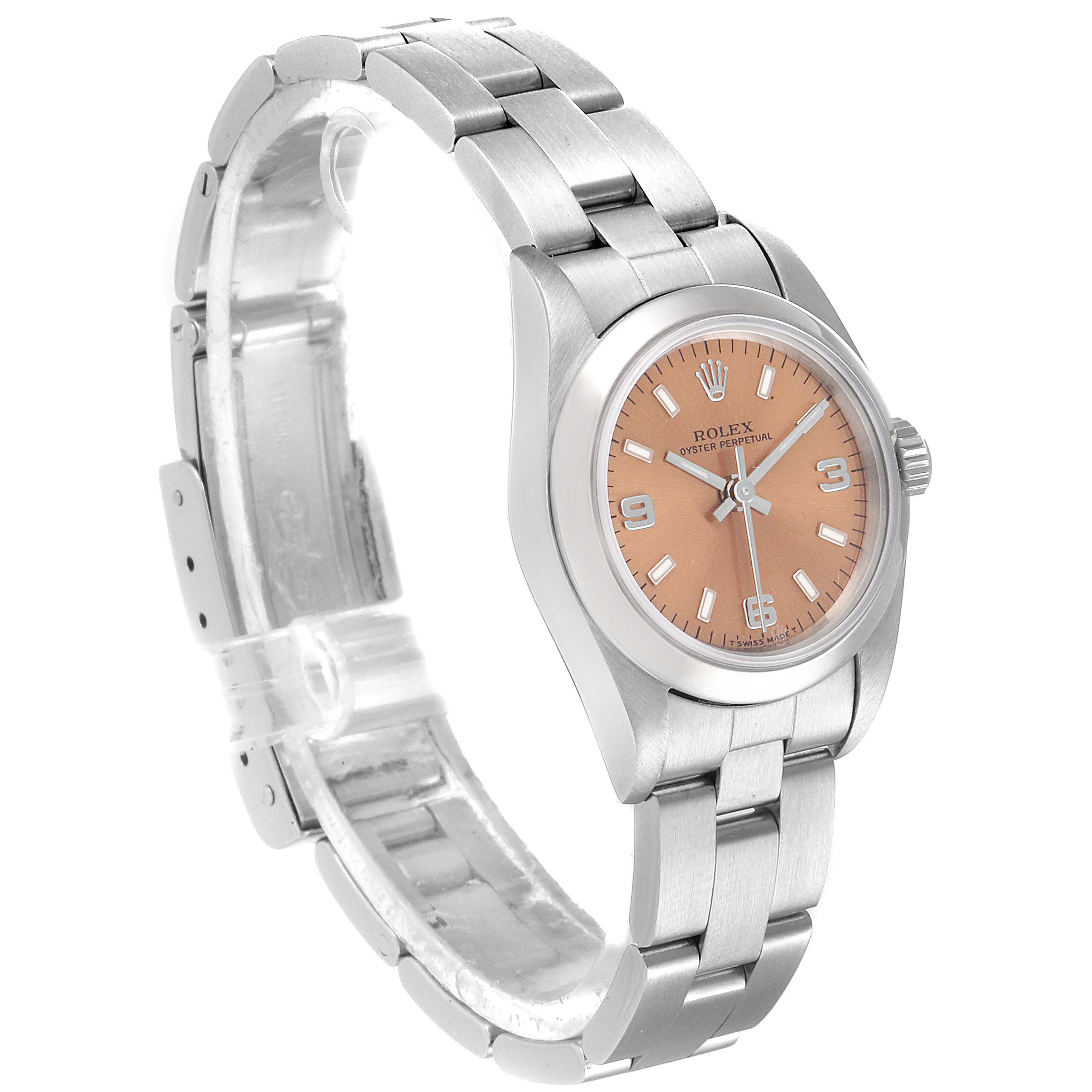 The image shows a side-angle view of the Rolex Oyster Perpetual 67180 Women
s Stainless Steel Pink Dial 67180 Women
s Stainless Steel Pink Dial watch, highlighting the dial, bezel, and bracelet.