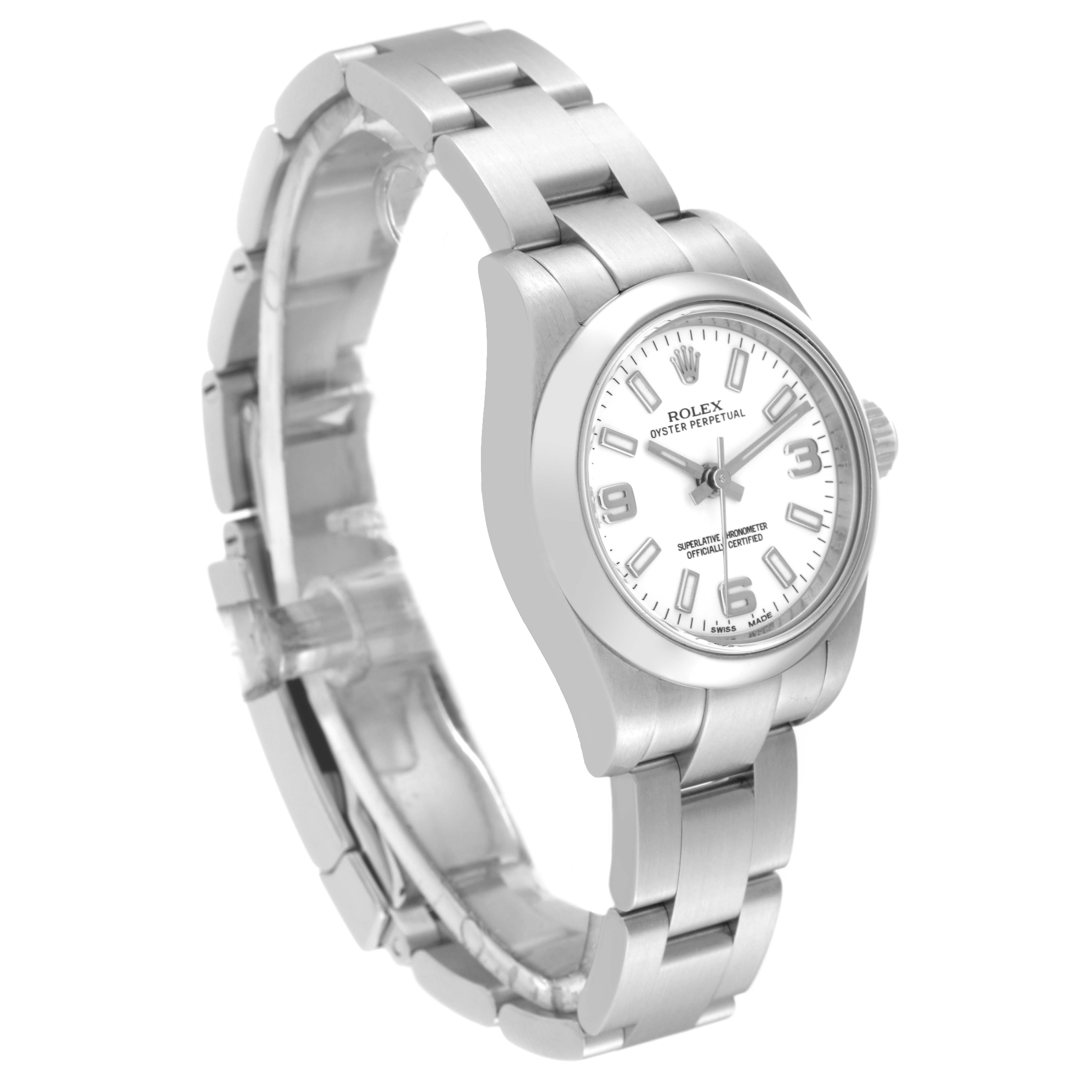 The image shows a Rolex Oyster Perpetual 176200 Women's Stainless Steel White Dial 176200 Women's Stainless Steel White Dial watch from a three-quarter angle, displaying the face, bezel, crown, and bracelet.