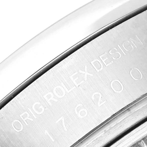 The image shows a close-up of the engraved case back of the Rolex Oyster Perpetual 176200 Women's Stainless Steel White Dial 176200 Women's Stainless Steel White Dial watch.